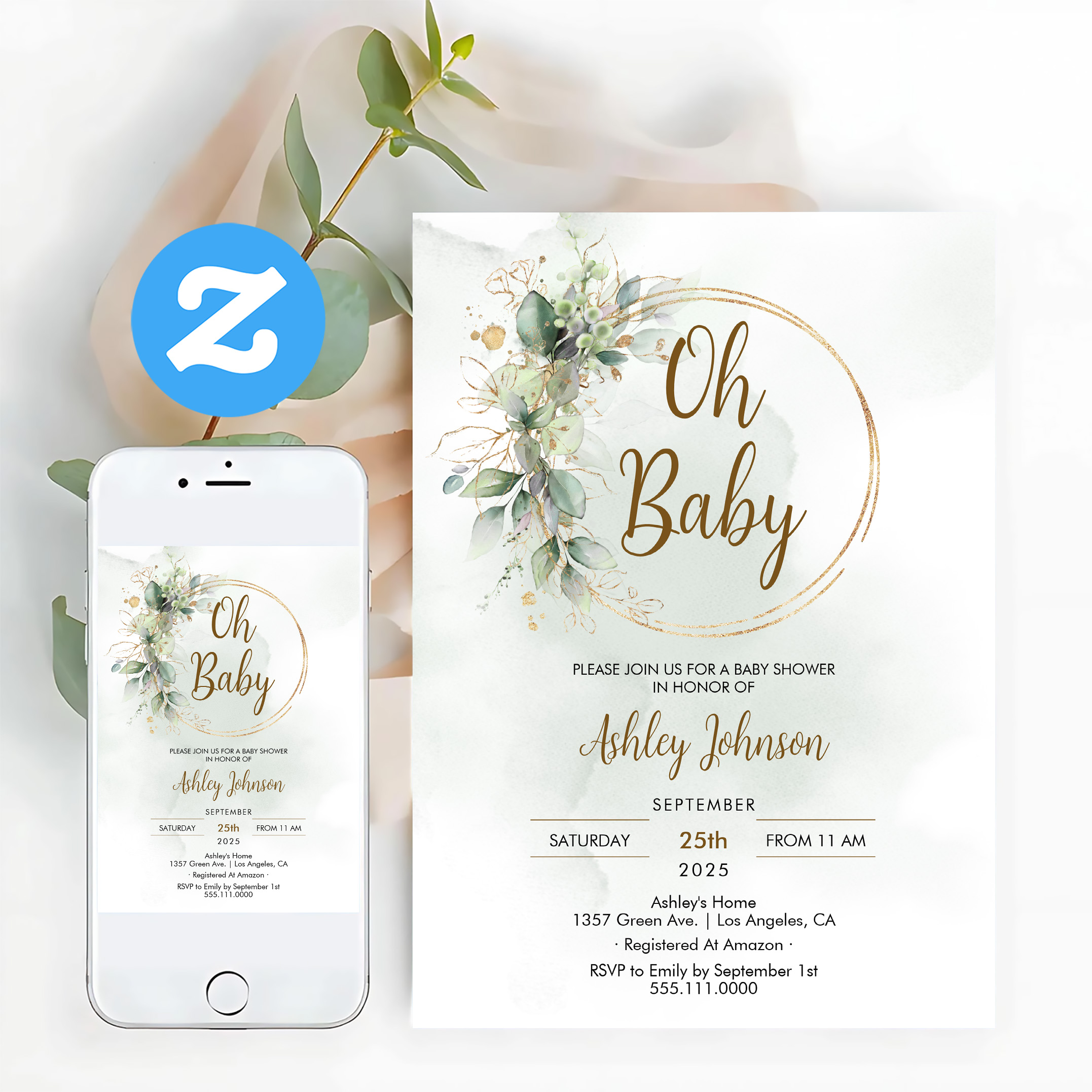 Boho Floral Oh Baby Green And Gold Baby Shower Invitation - Image 12