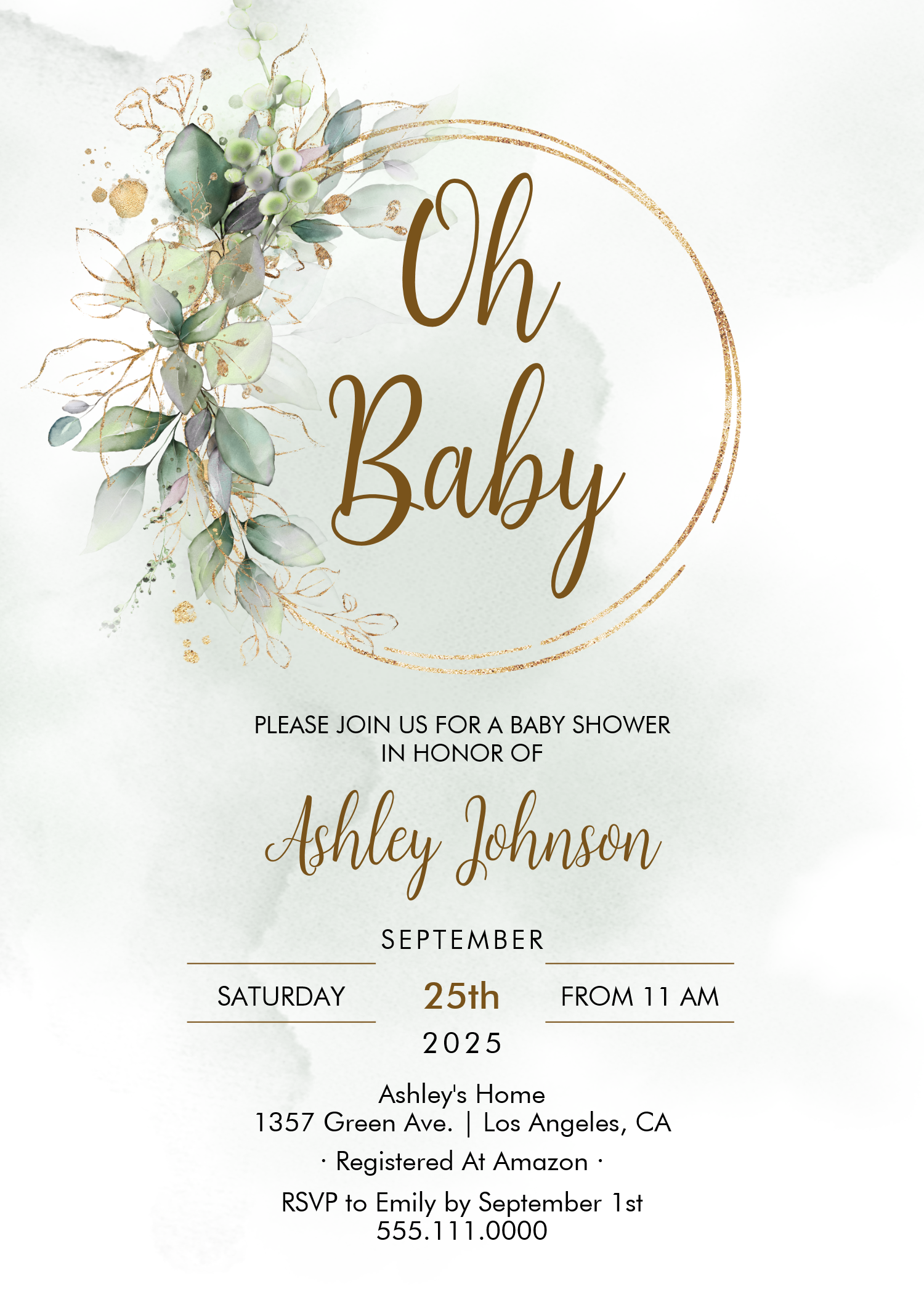 Boho Floral Oh Baby Green And Gold Baby Shower Invitation