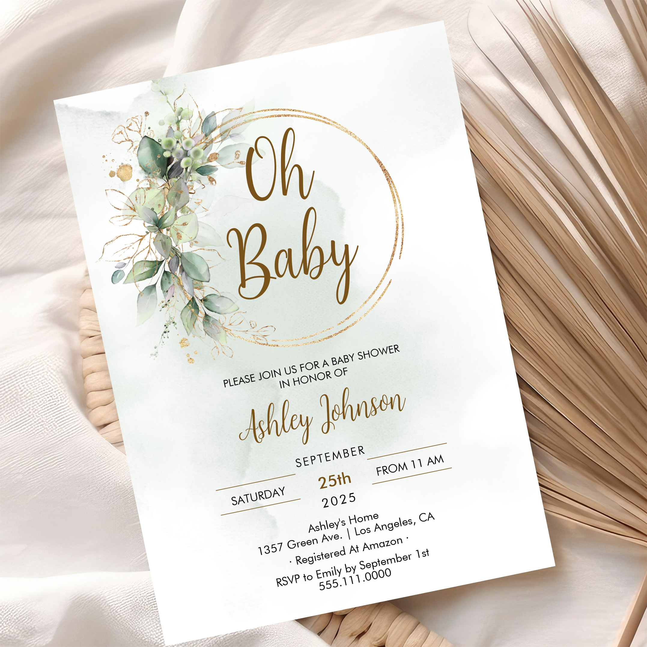 Boho Floral Oh Baby Green And Gold Baby Shower Invitation - Image 10