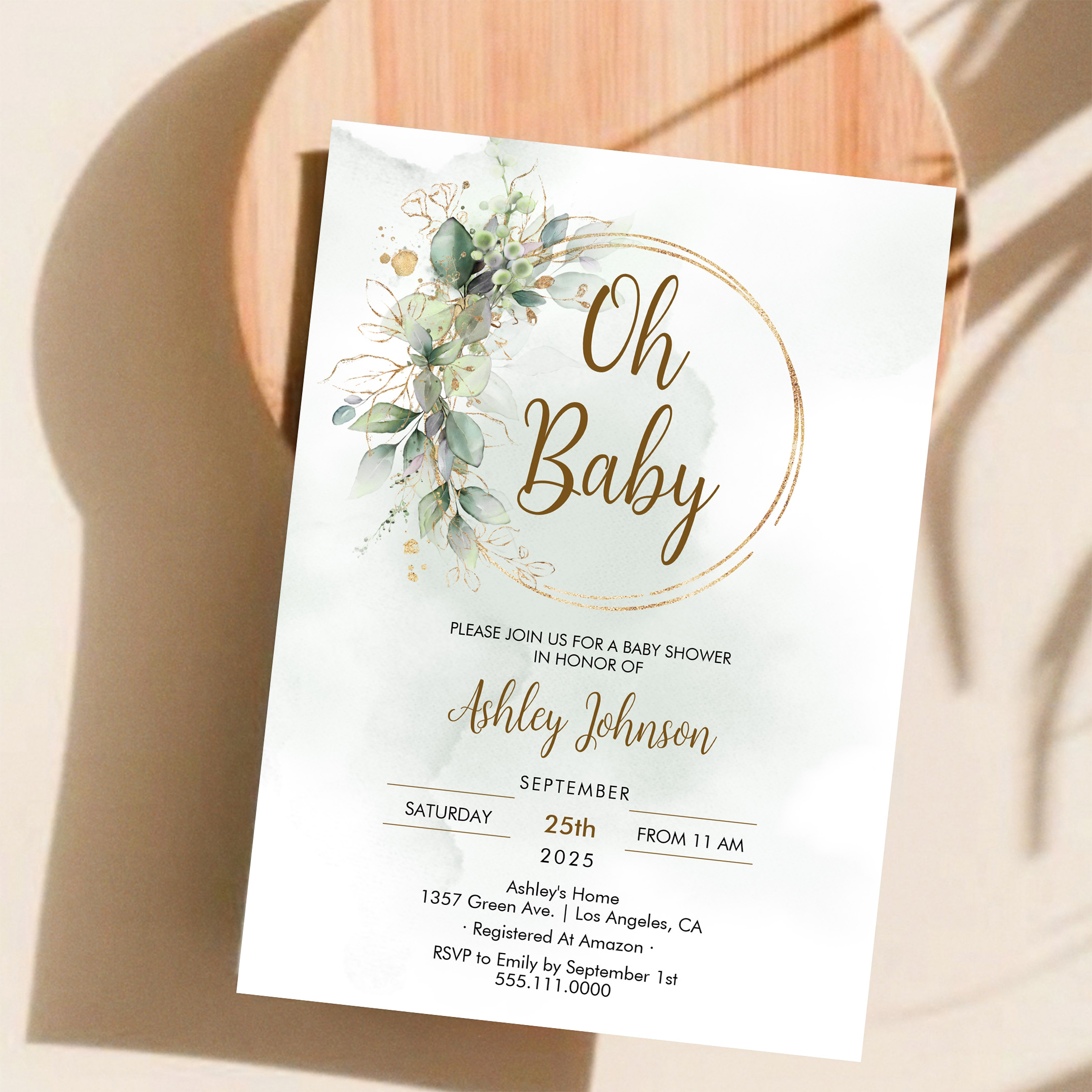 Boho Floral Oh Baby Green And Gold Baby Shower Invitation - Image 11