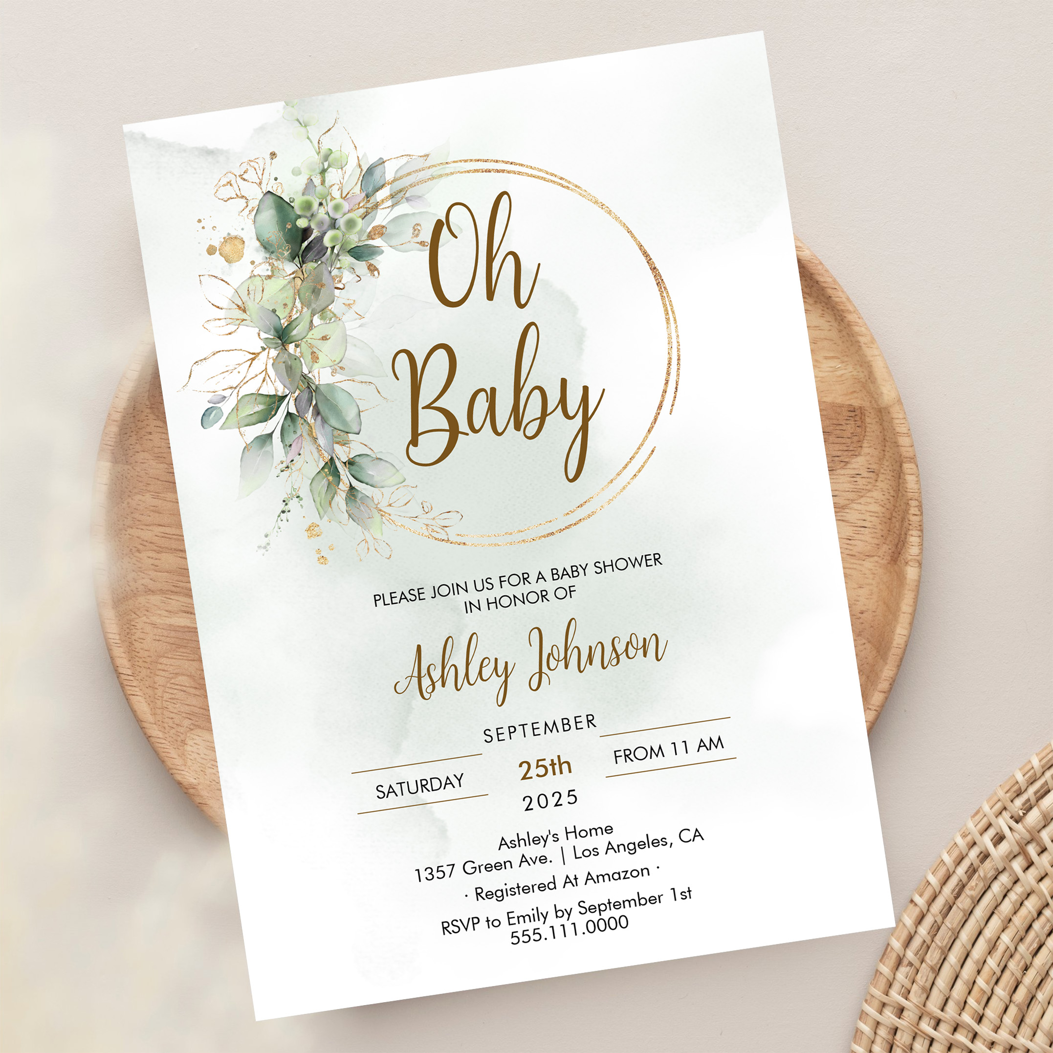 Boho Floral Oh Baby Green And Gold Baby Shower Invitation - Image 13
