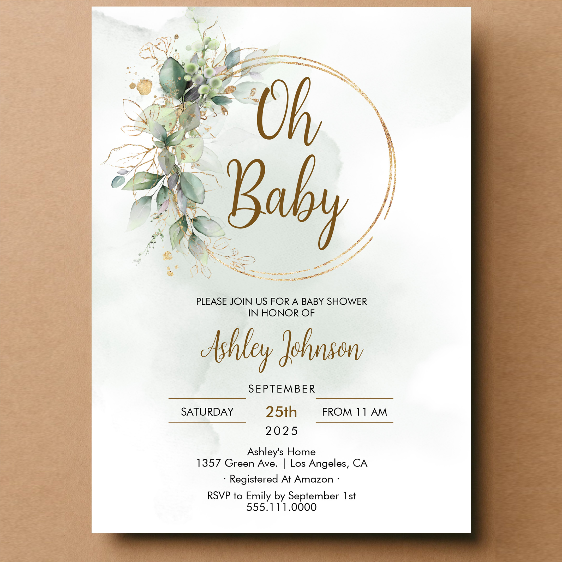 Boho Floral Oh Baby Green And Gold Baby Shower Invitation - Image 14