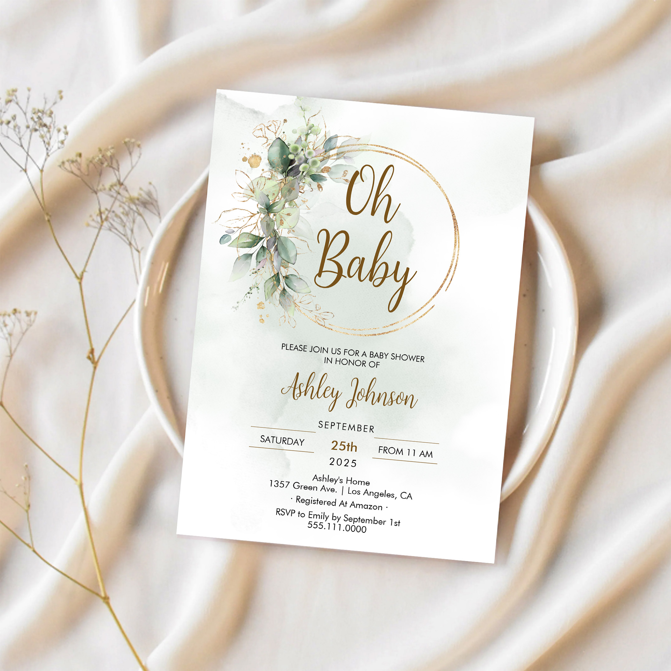Boho Floral Oh Baby Green And Gold Baby Shower Invitation - Image 2