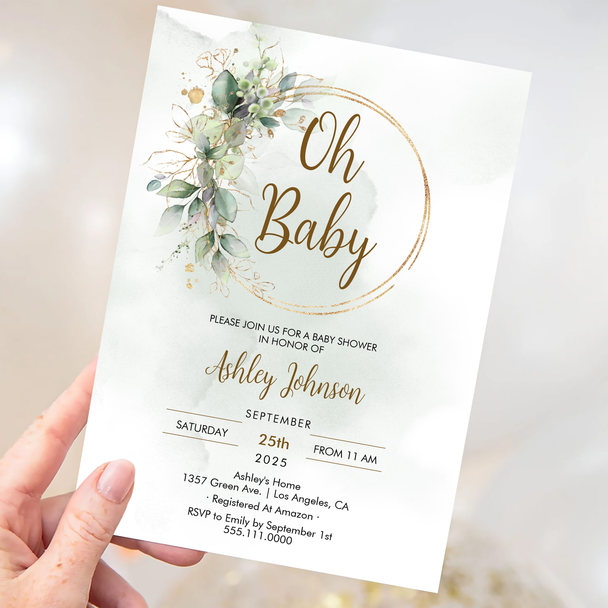 Boho Floral Oh Baby Green And Gold Baby Shower Invitation - Image 3