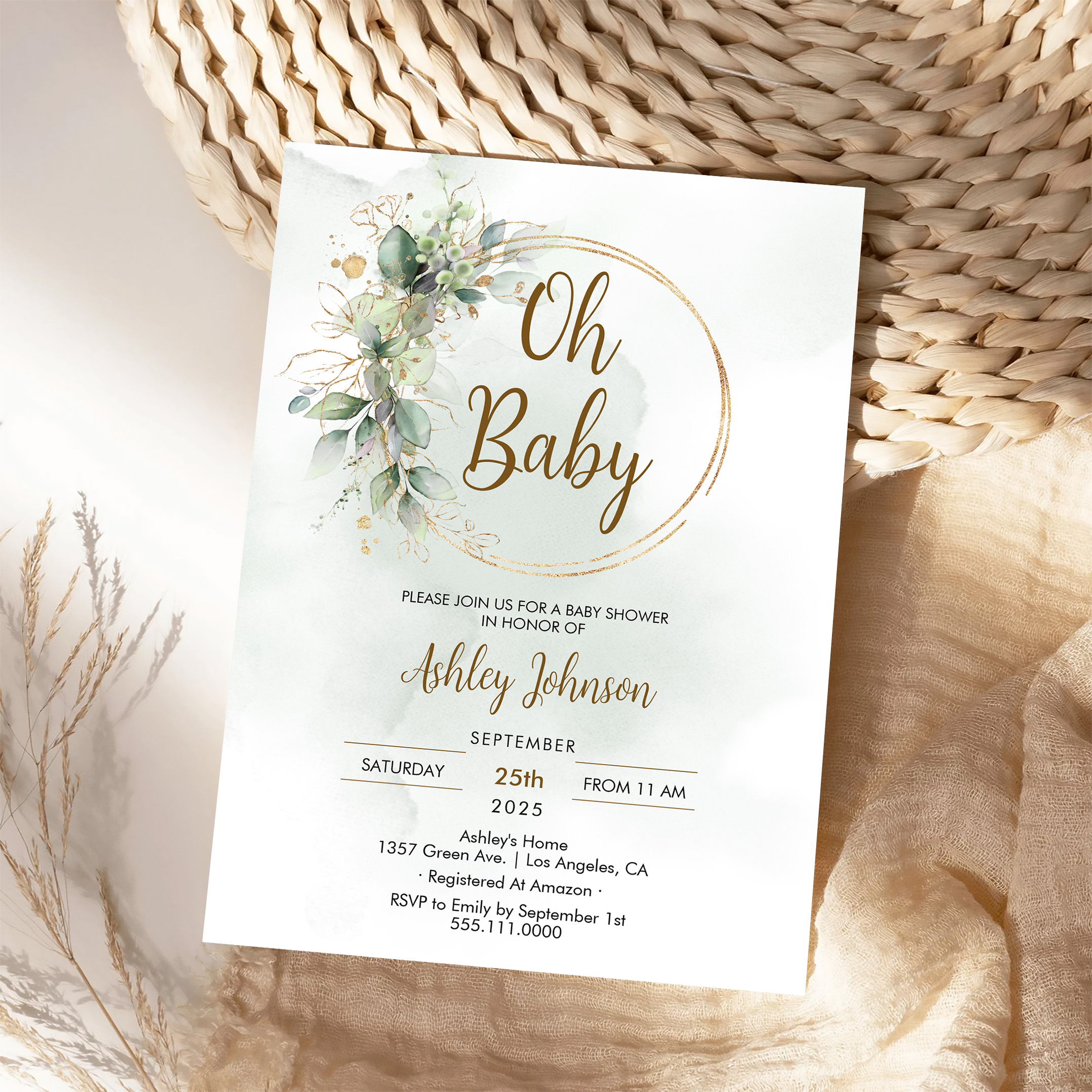 Boho Floral Oh Baby Green And Gold Baby Shower Invitation - Image 4