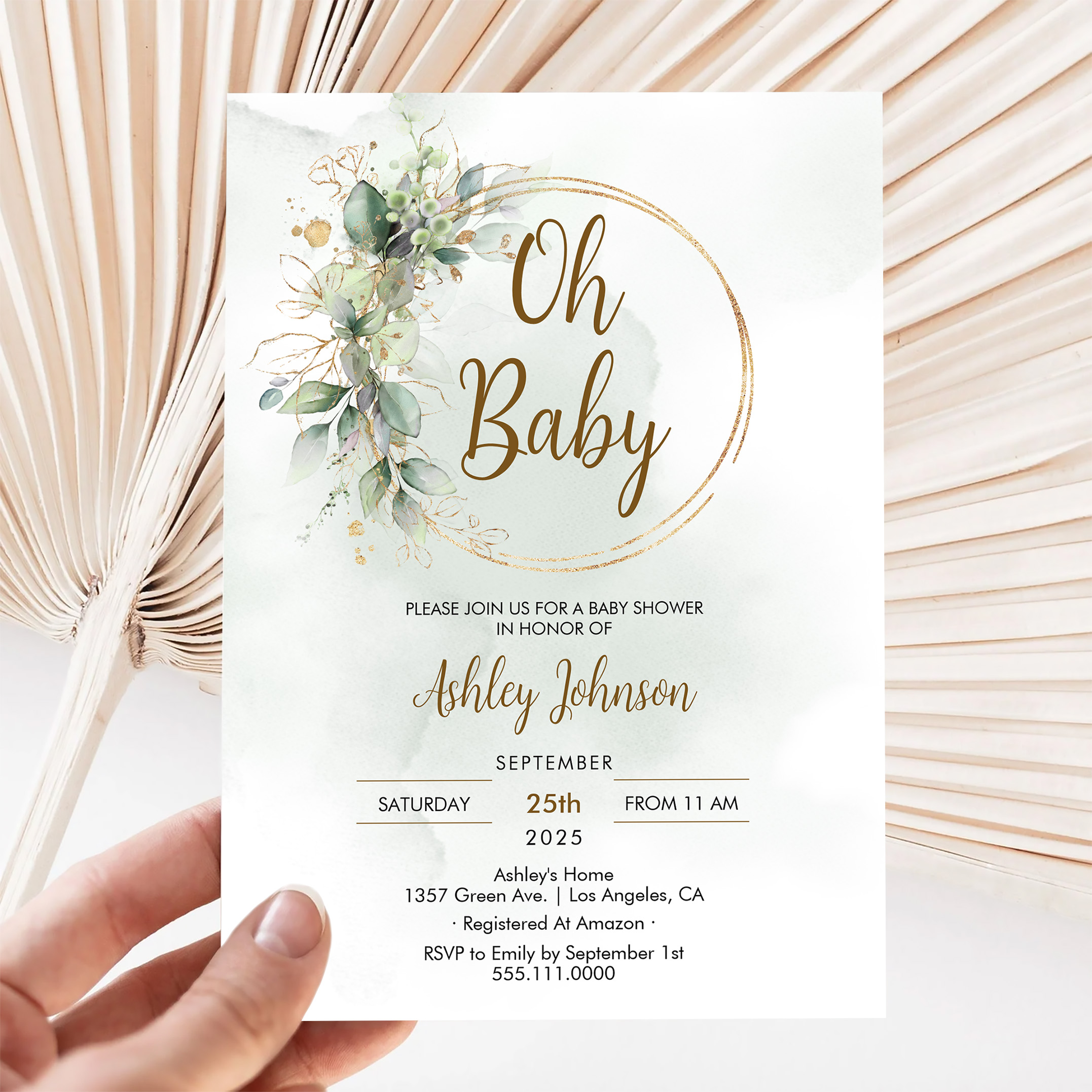 Boho Floral Oh Baby Green And Gold Baby Shower Invitation - Image 5
