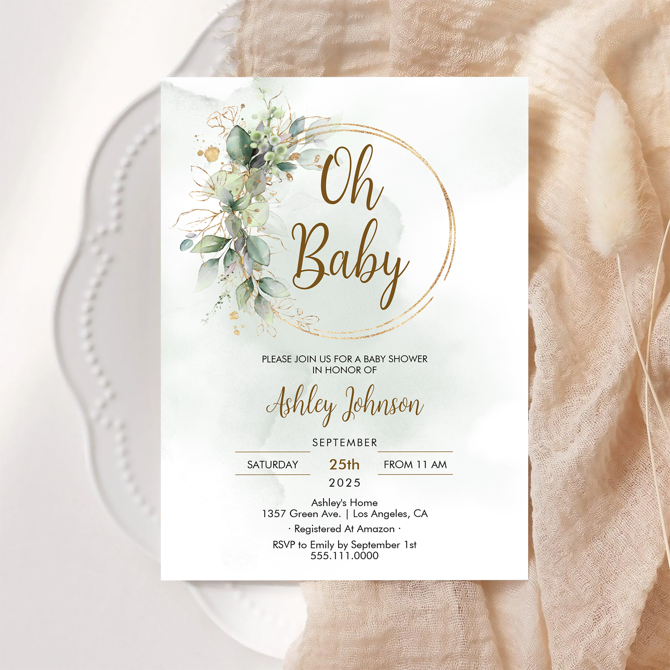 Boho Floral Oh Baby Green And Gold Baby Shower Invitation - Image 6
