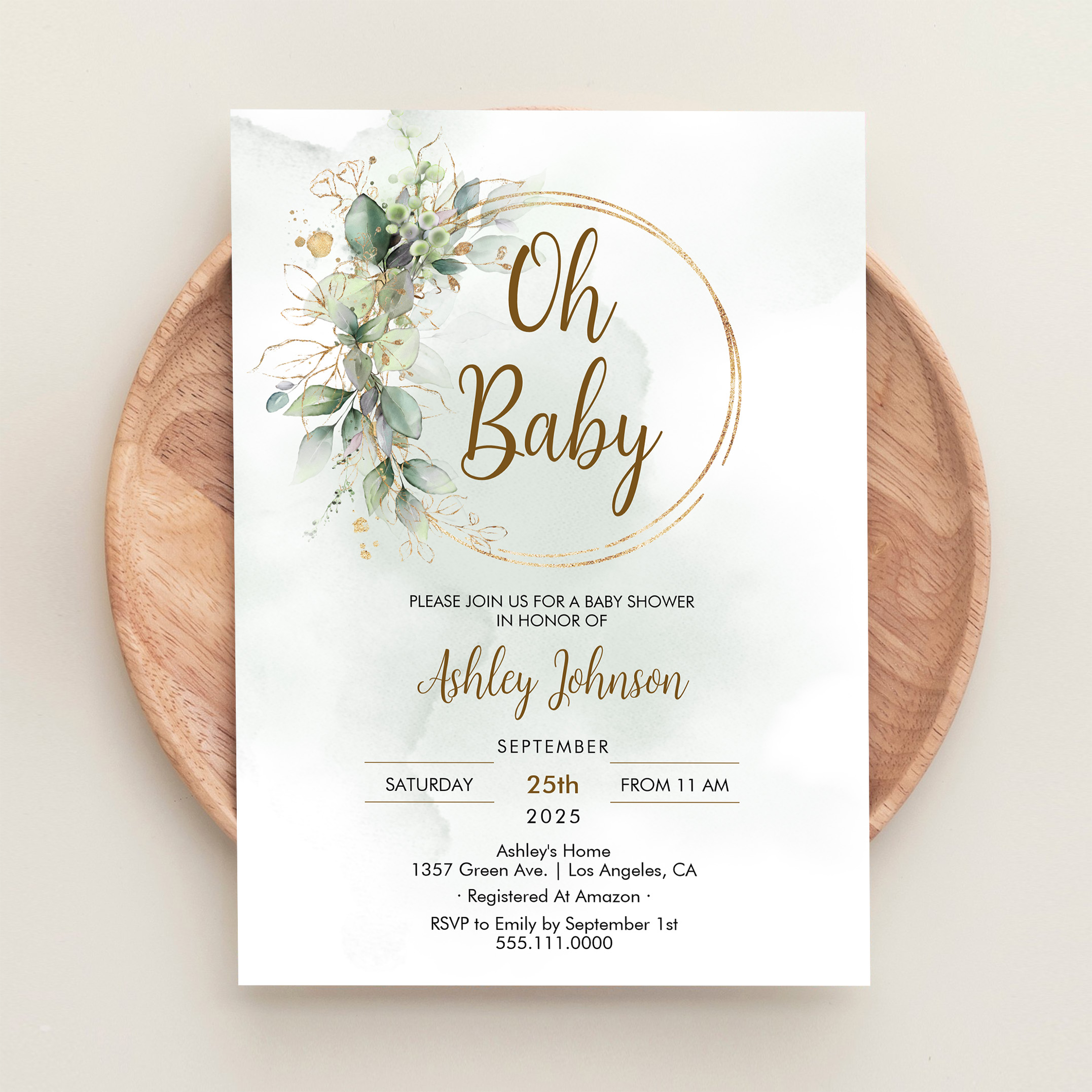 Boho Floral Oh Baby Green And Gold Baby Shower Invitation - Image 7