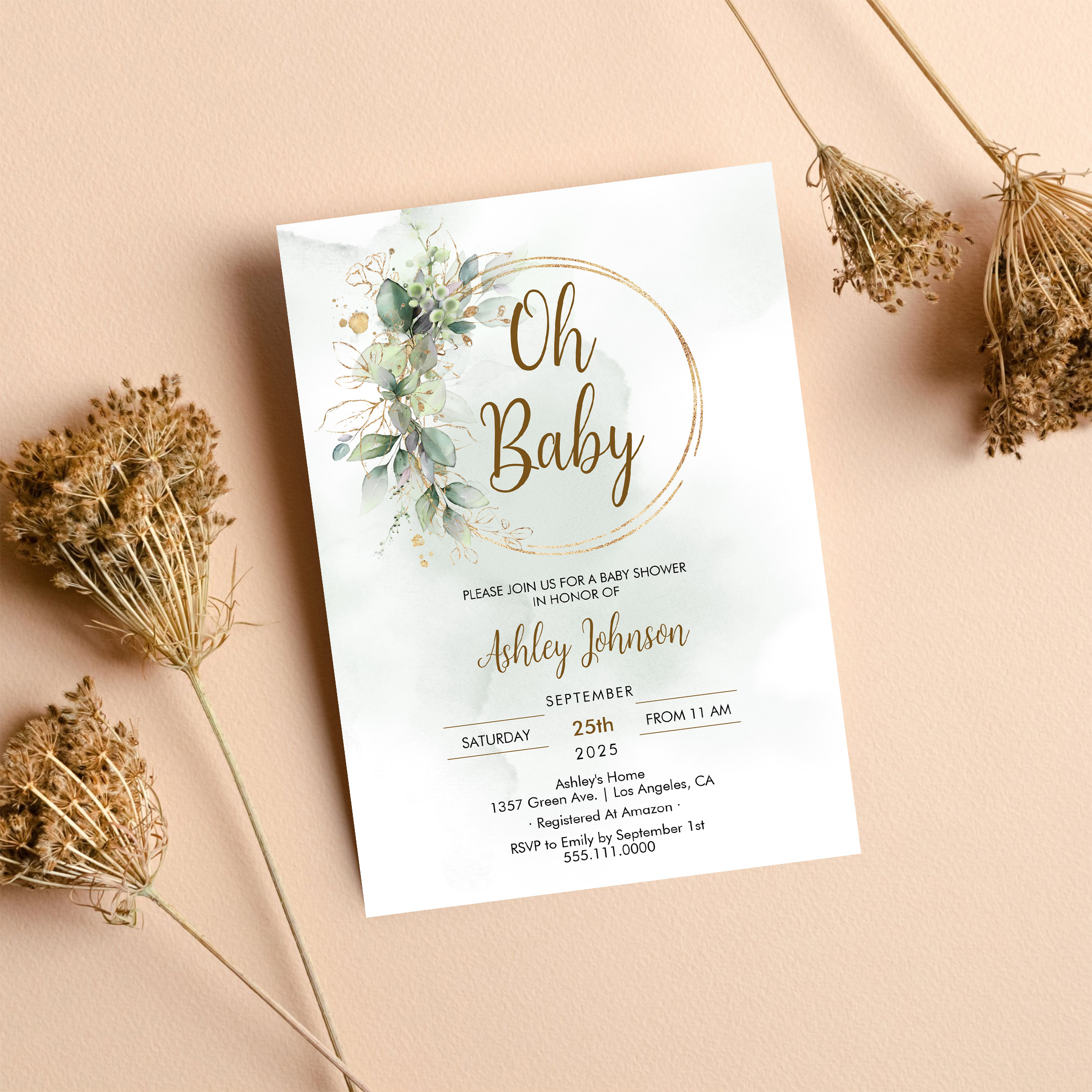 Boho Floral Oh Baby Green And Gold Baby Shower Invitation - Image 8