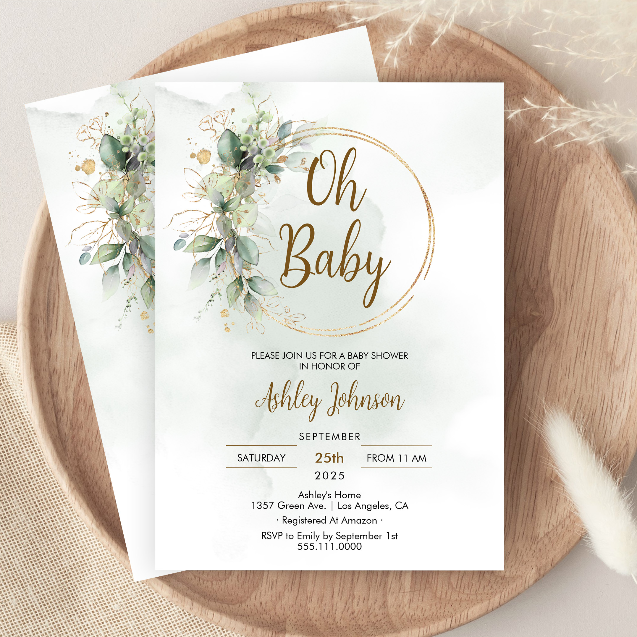 Boho Floral Oh Baby Green And Gold Baby Shower Invitation - Image 9