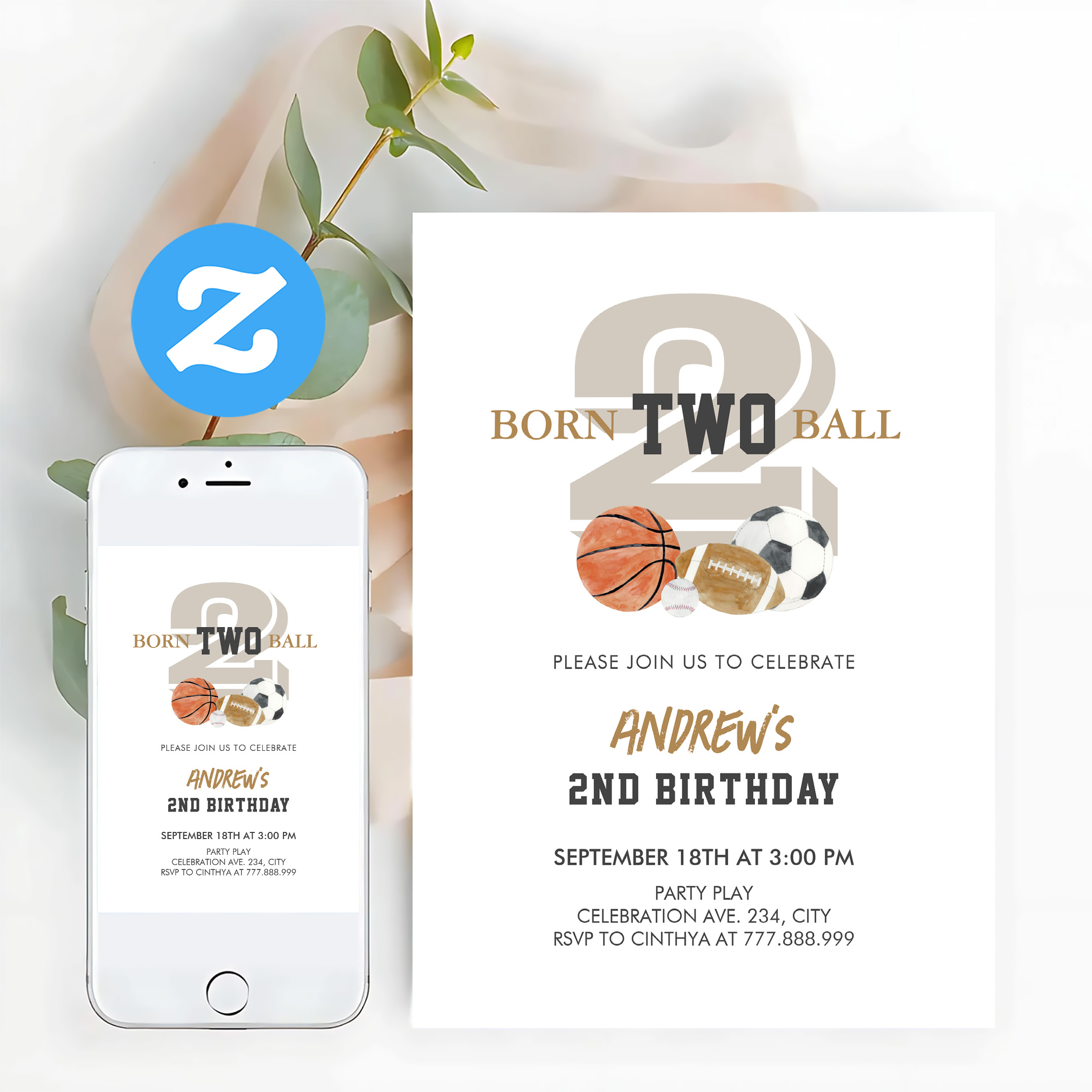 Born Two Ball Birthday Boy 2nd Birthday Invitation - Image 12