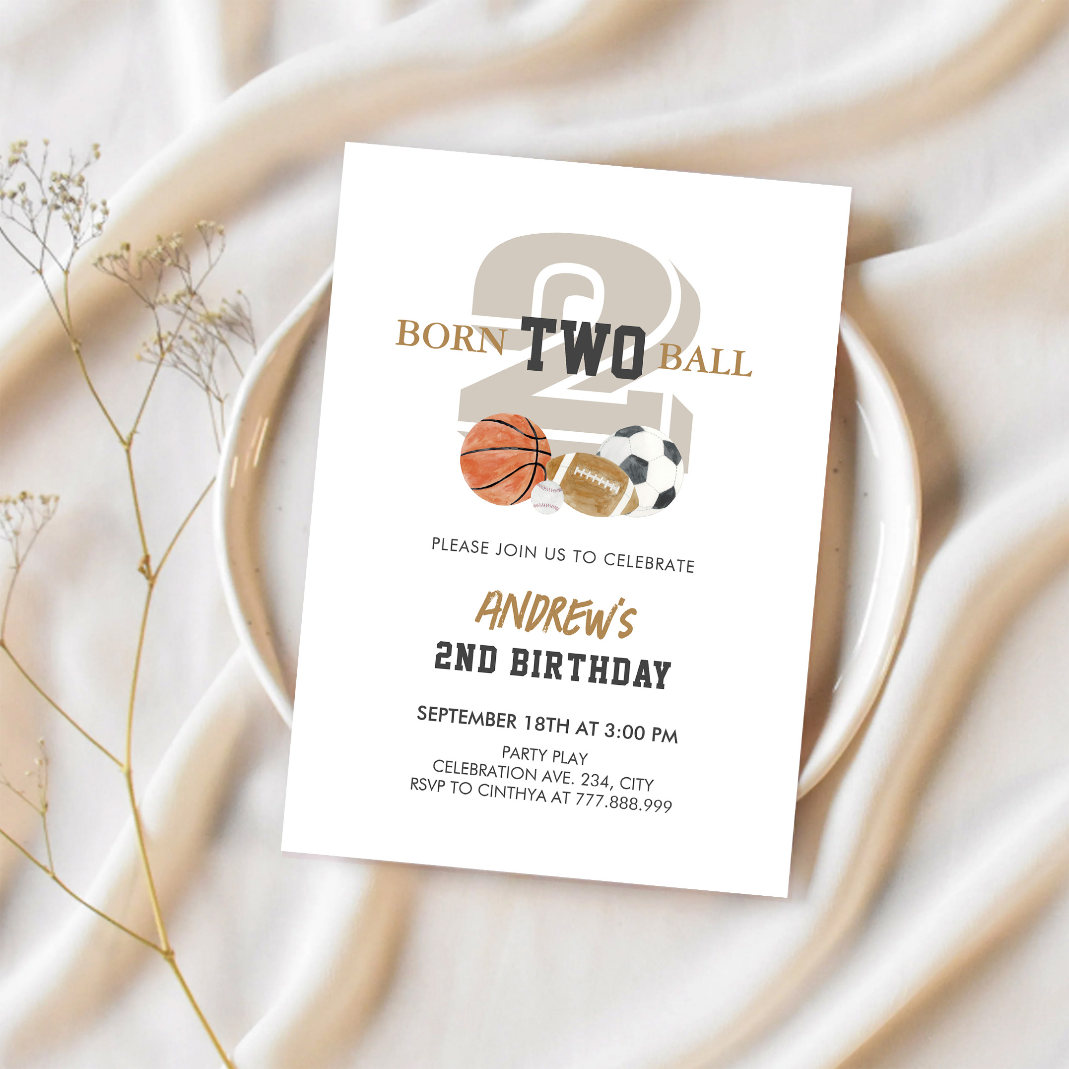 Born Two Ball Birthday Boy 2nd Birthday Invitation - Image 2