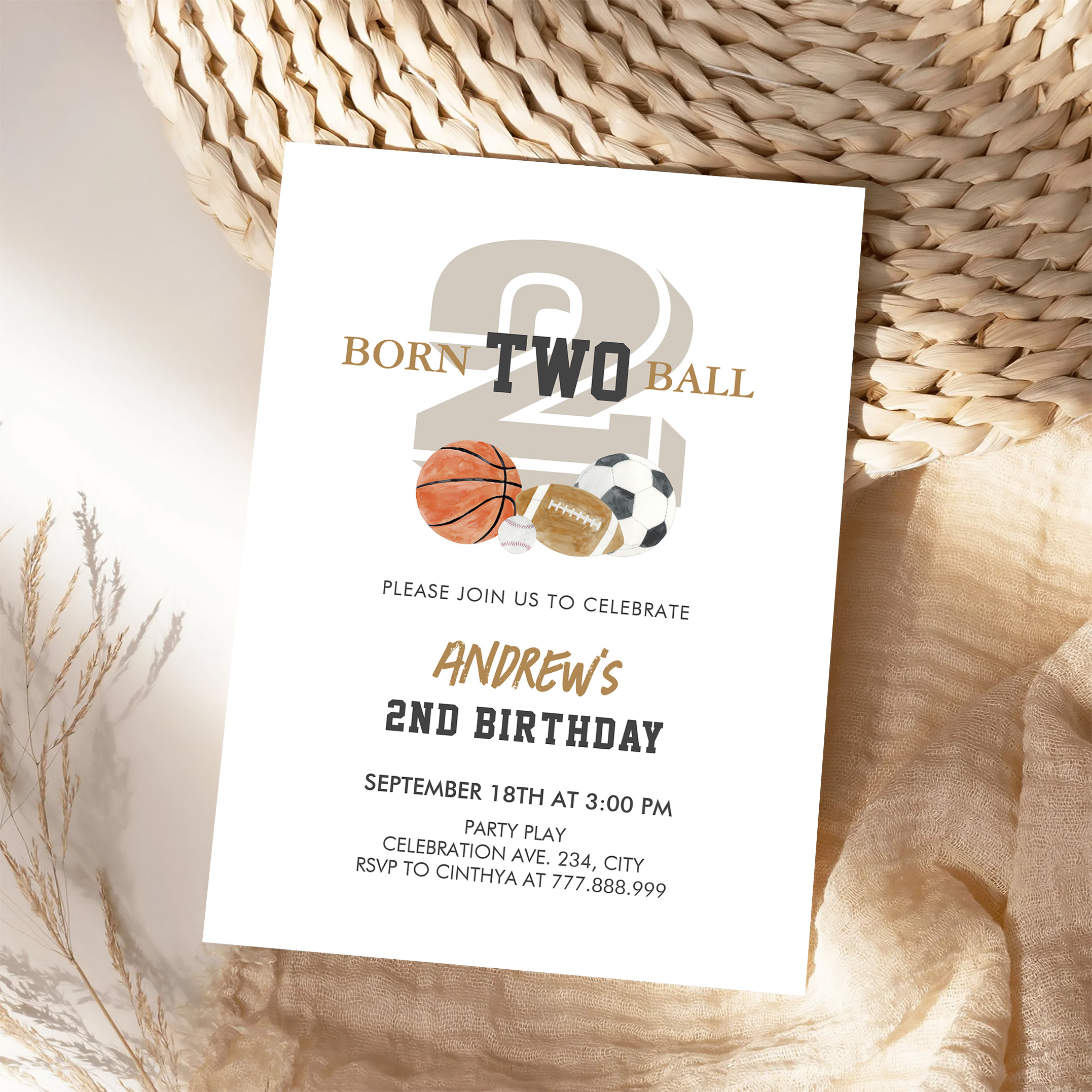 Born Two Ball Birthday Boy 2nd Birthday Invitation - Image 4