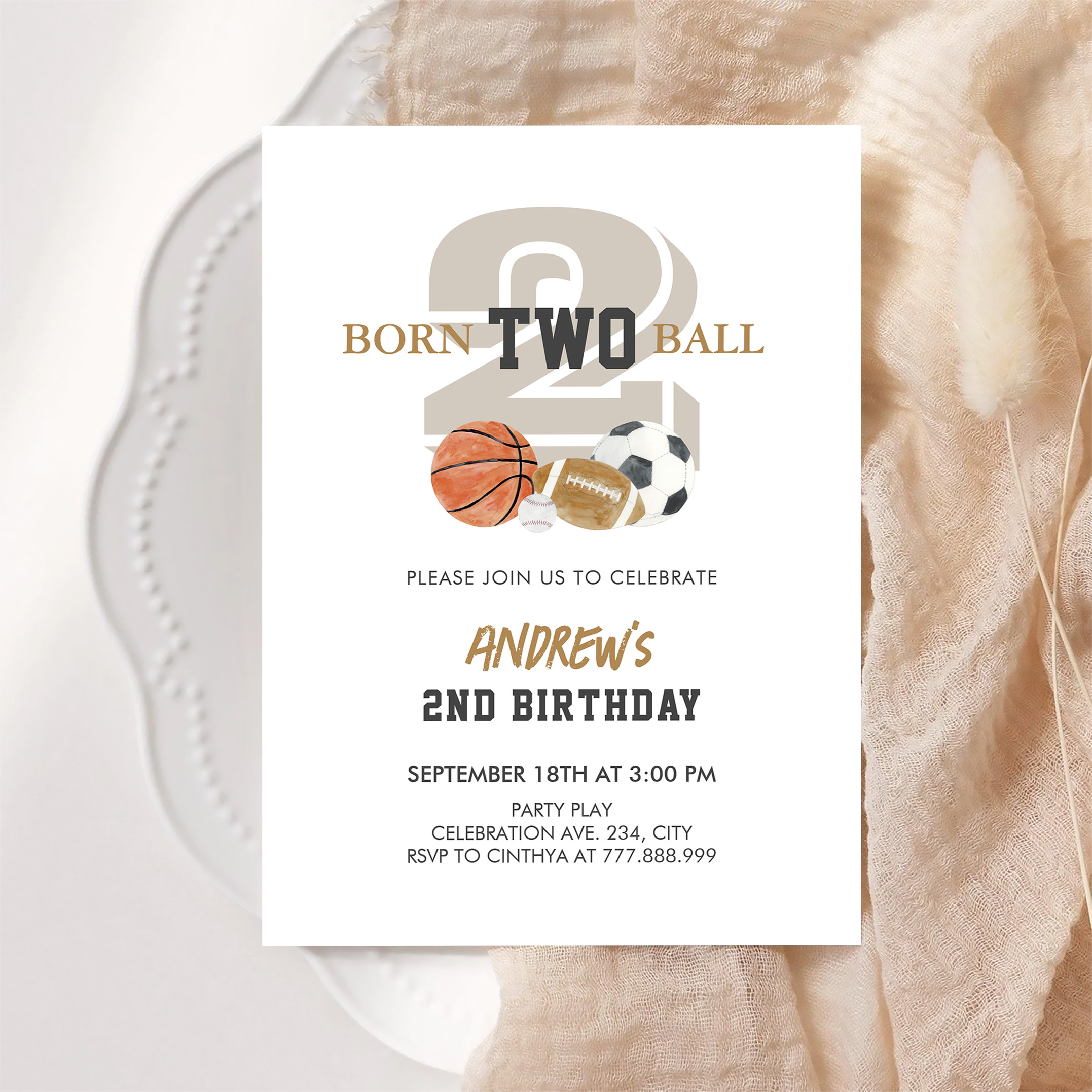 Born Two Ball Birthday Boy 2nd Birthday Invitation - Image 6