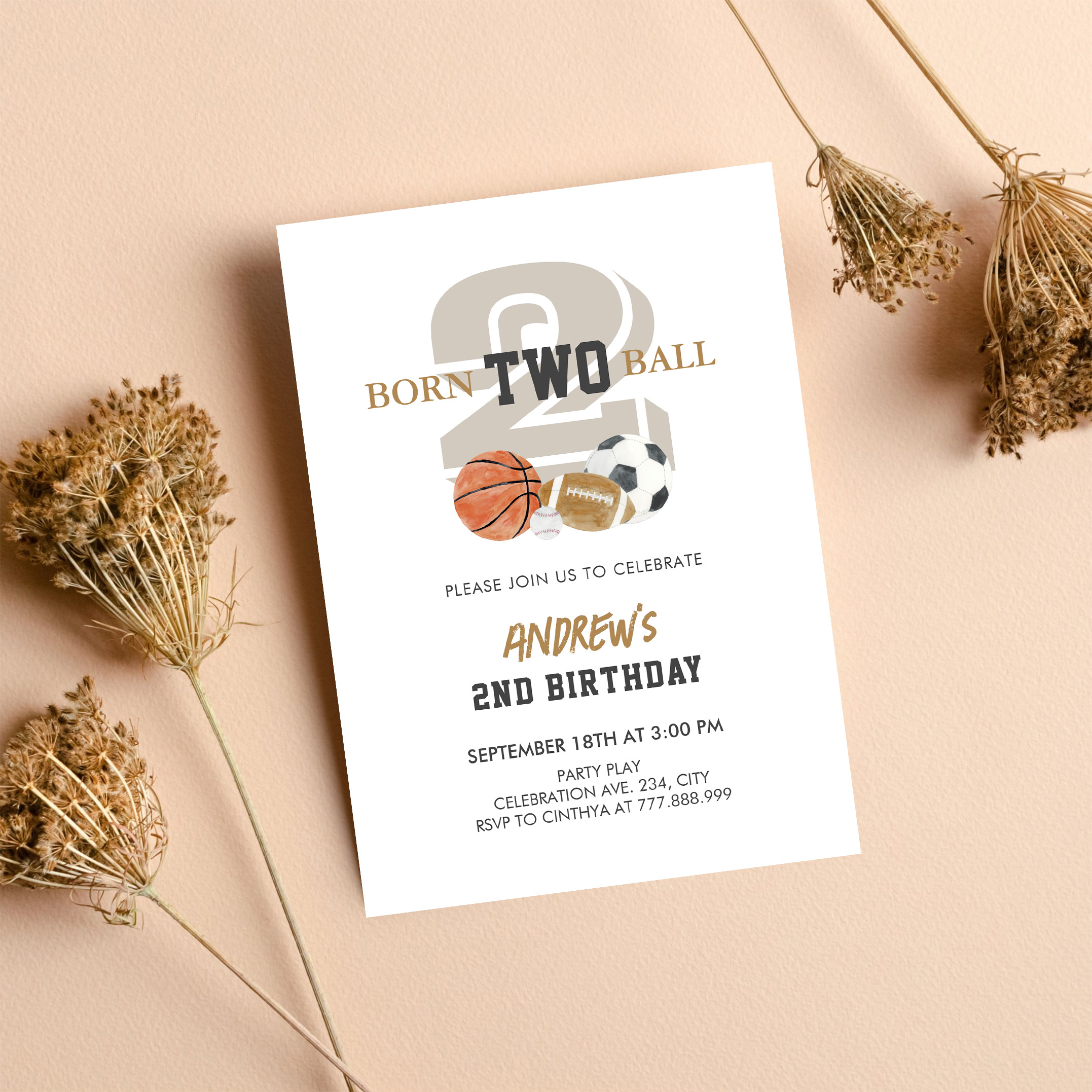 Born Two Ball Birthday Boy 2nd Birthday Invitation - Image 8