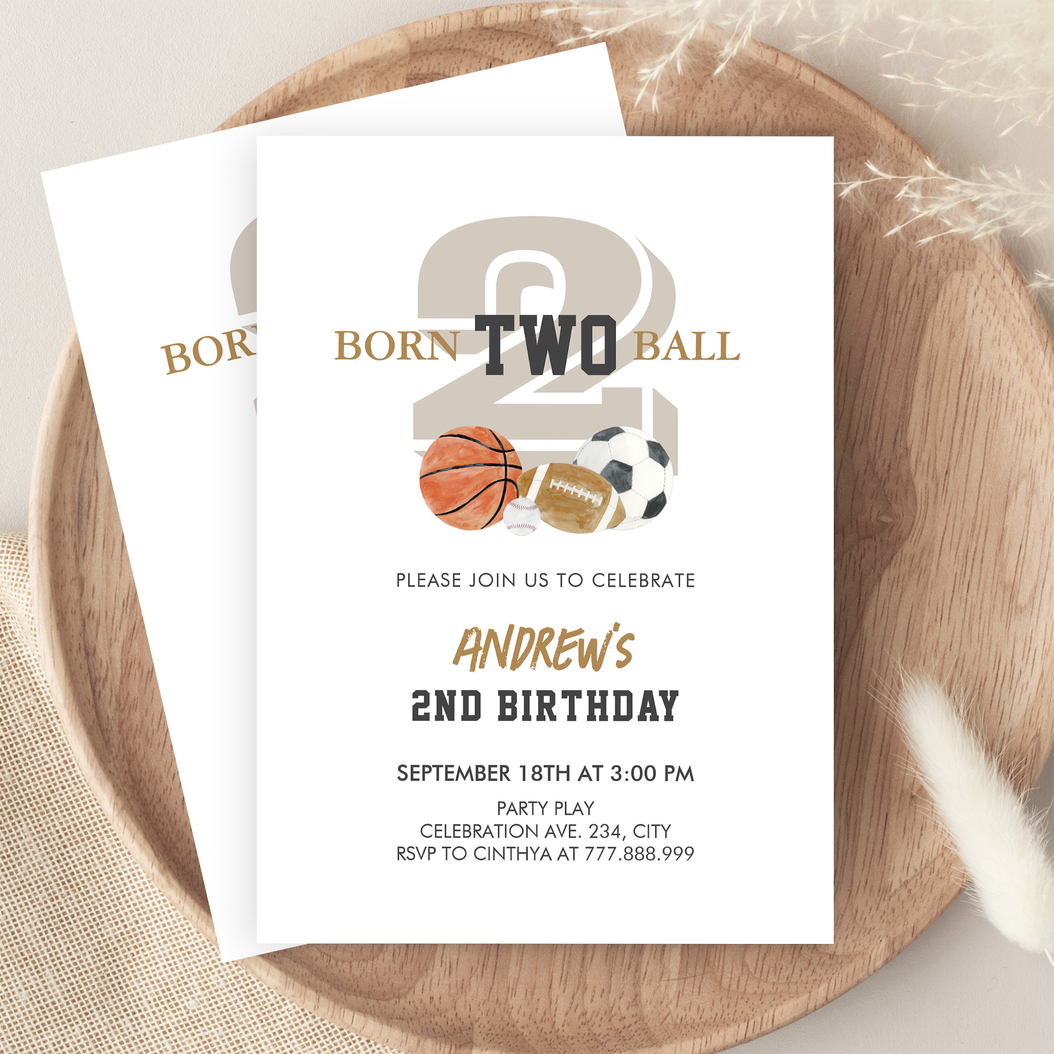 Born Two Ball Birthday Boy 2nd Birthday Invitation - Image 9