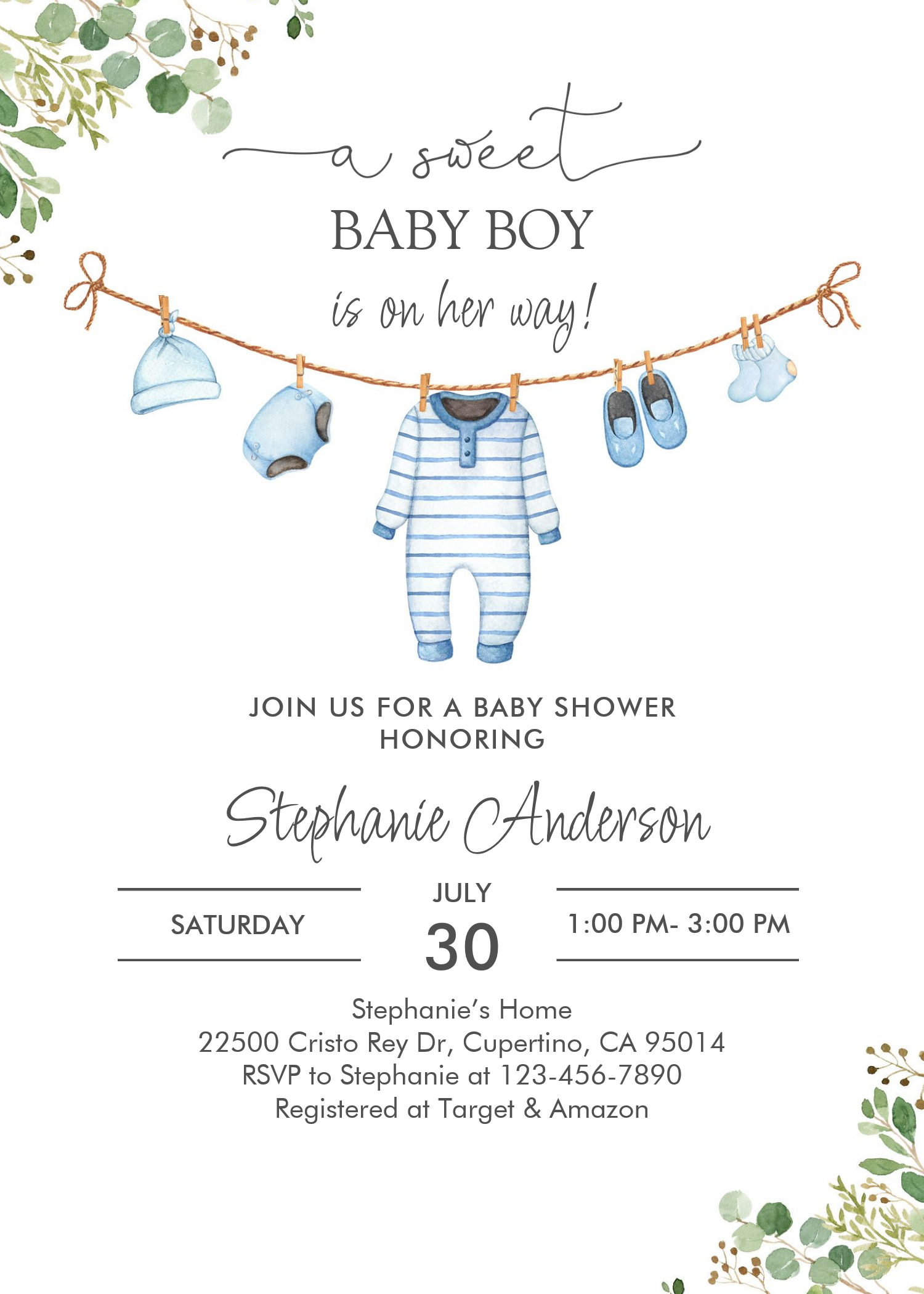 Boy Clothes Laundry Blue Greenery Baby Shower Invitation