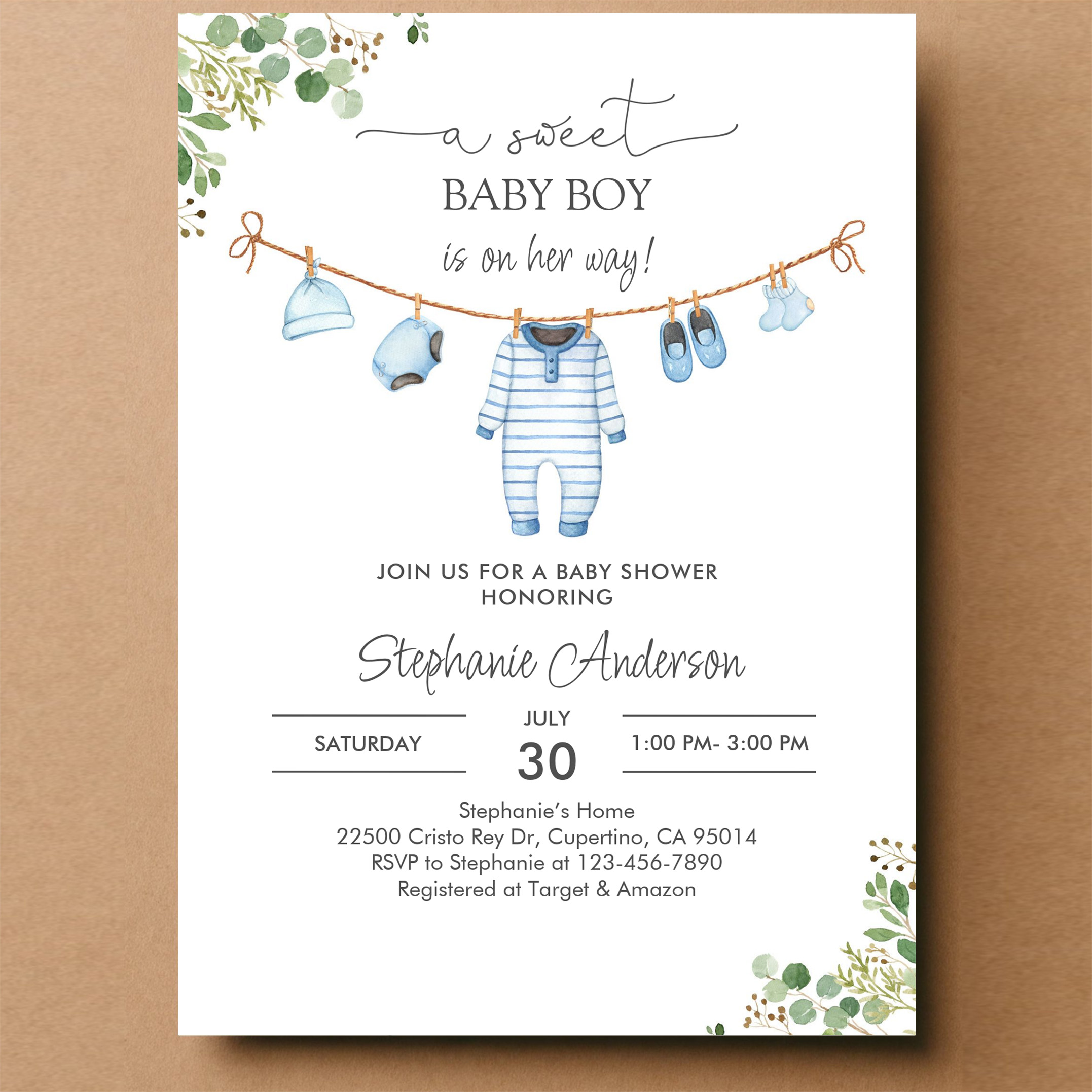 Boy Clothes Laundry Blue Greenery Baby Shower Invitation - Image 14