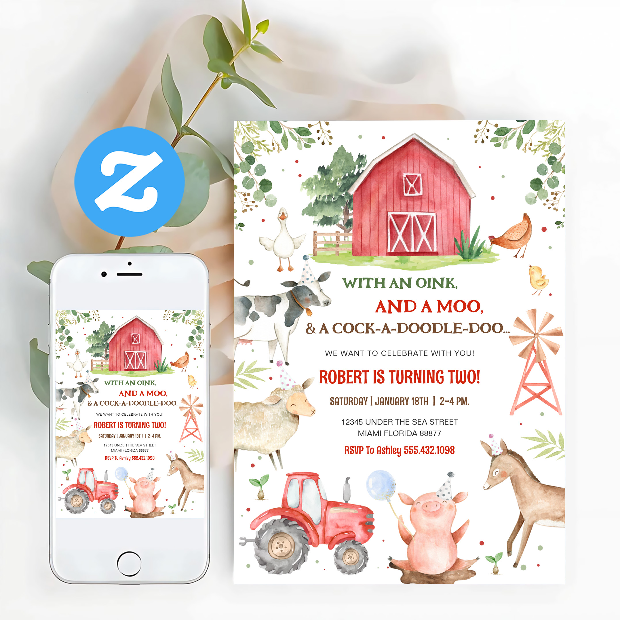 Boy Farm Animals Boy Barnyard Birthday Party Invitation - Image 12