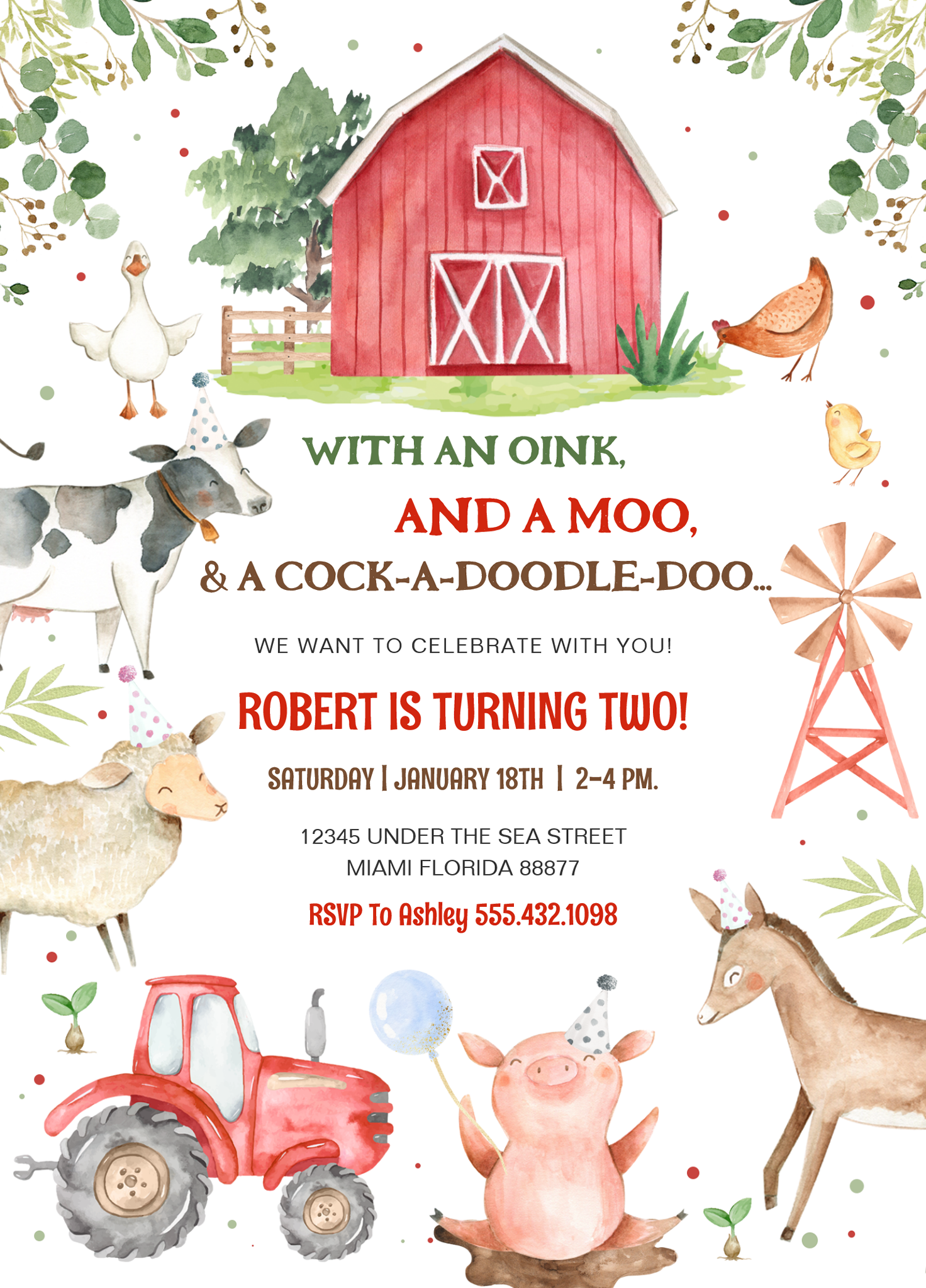 Boy Farm Animals Boy Barnyard Birthday Party Invitation