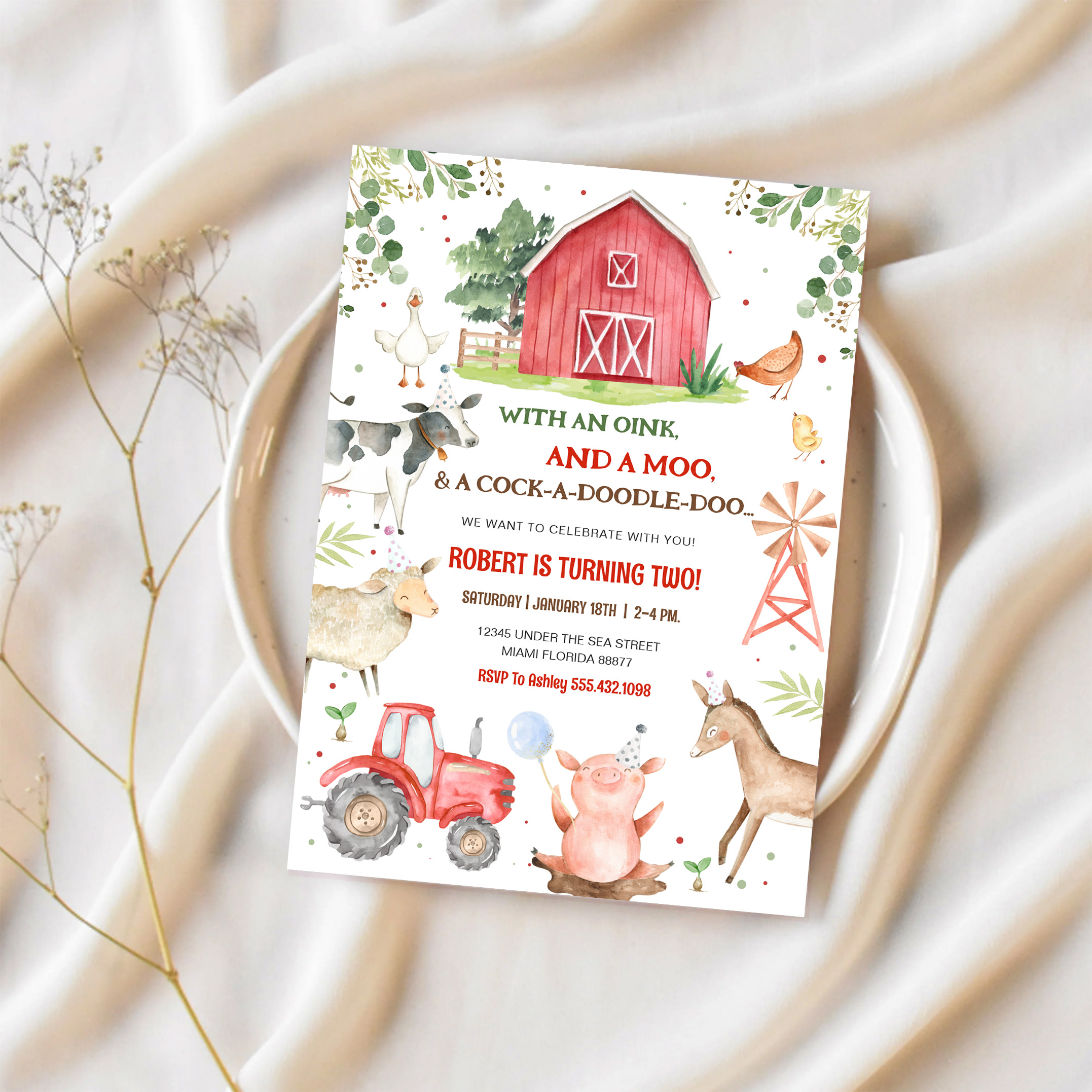 Boy Farm Animals Boy Barnyard Birthday Party Invitation - Image 2