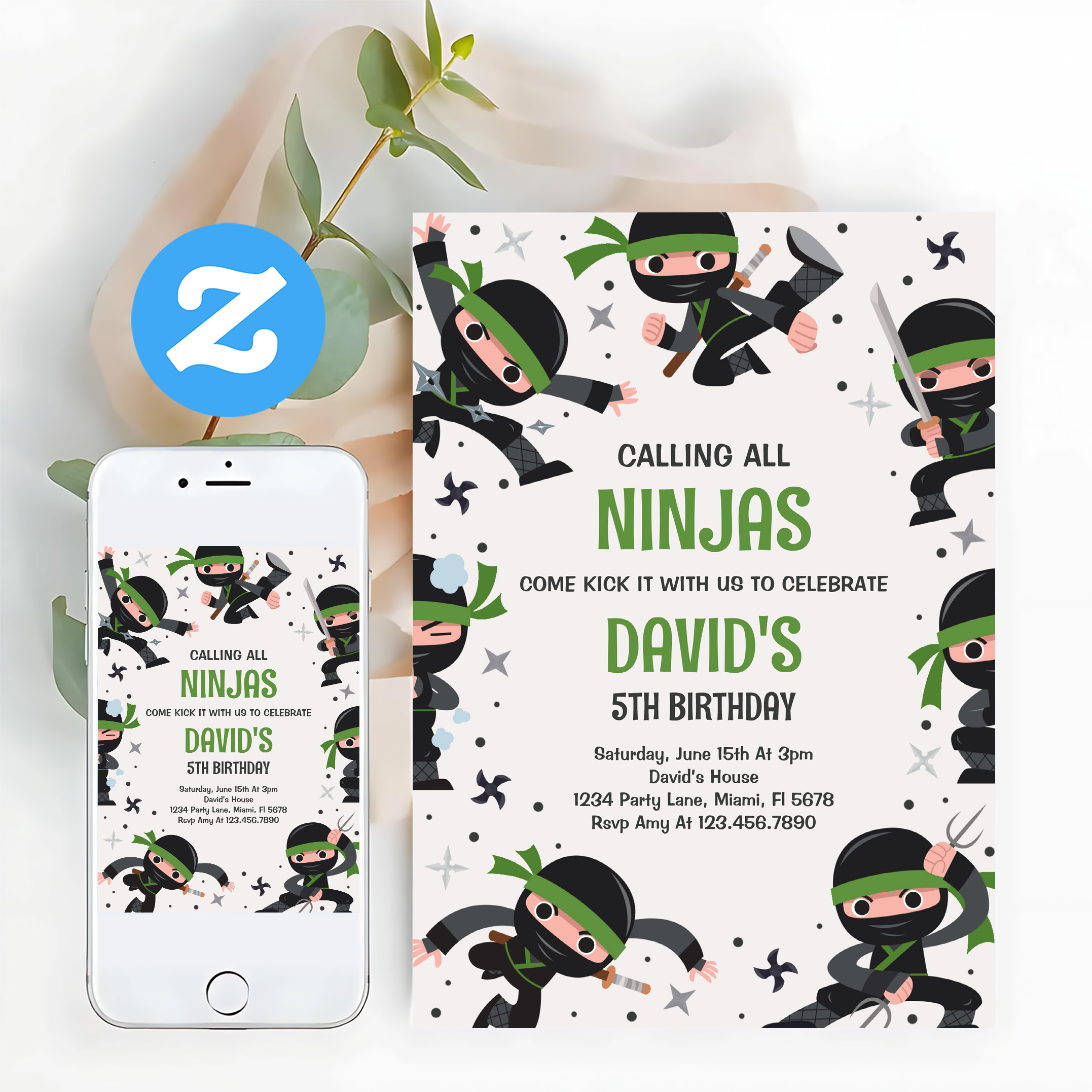 Boy Ninja Warrior Green Martial Art Birthday Party Invitation - Image 12