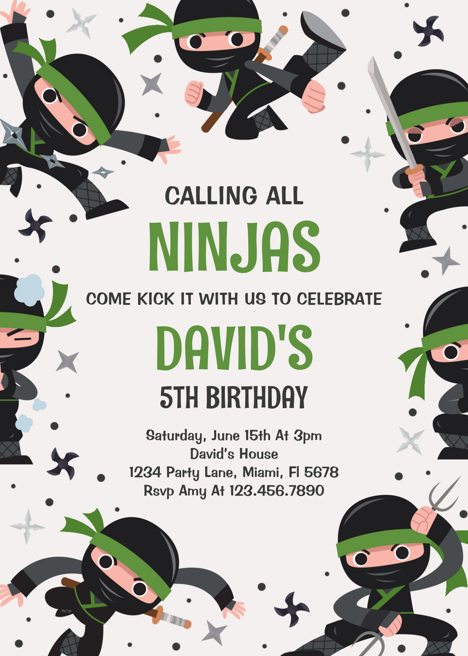 Boy Ninja Warrior Green Martial Art Birthday Party Invitation