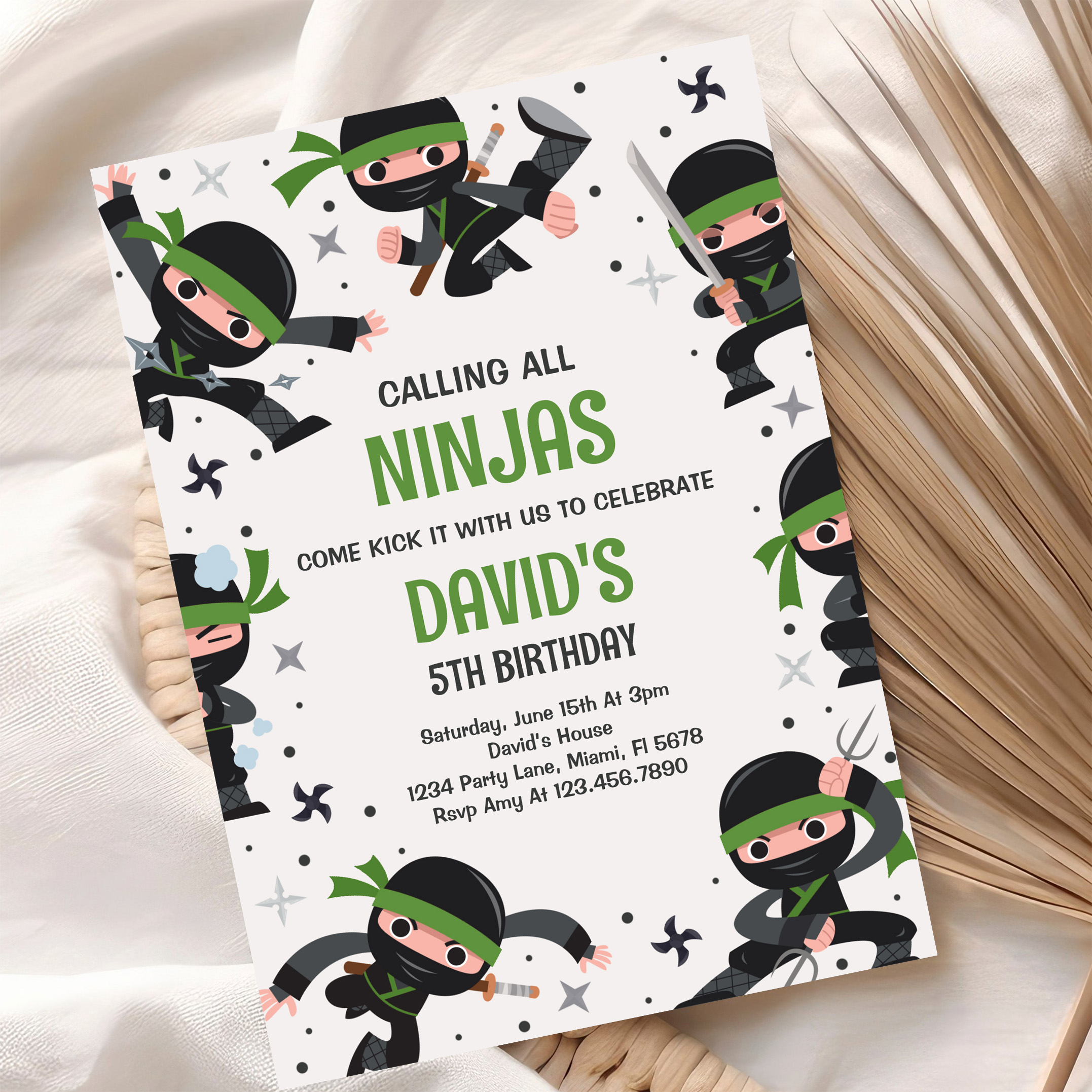 Boy Ninja Warrior Green Martial Art Birthday Party Invitation - Image 10