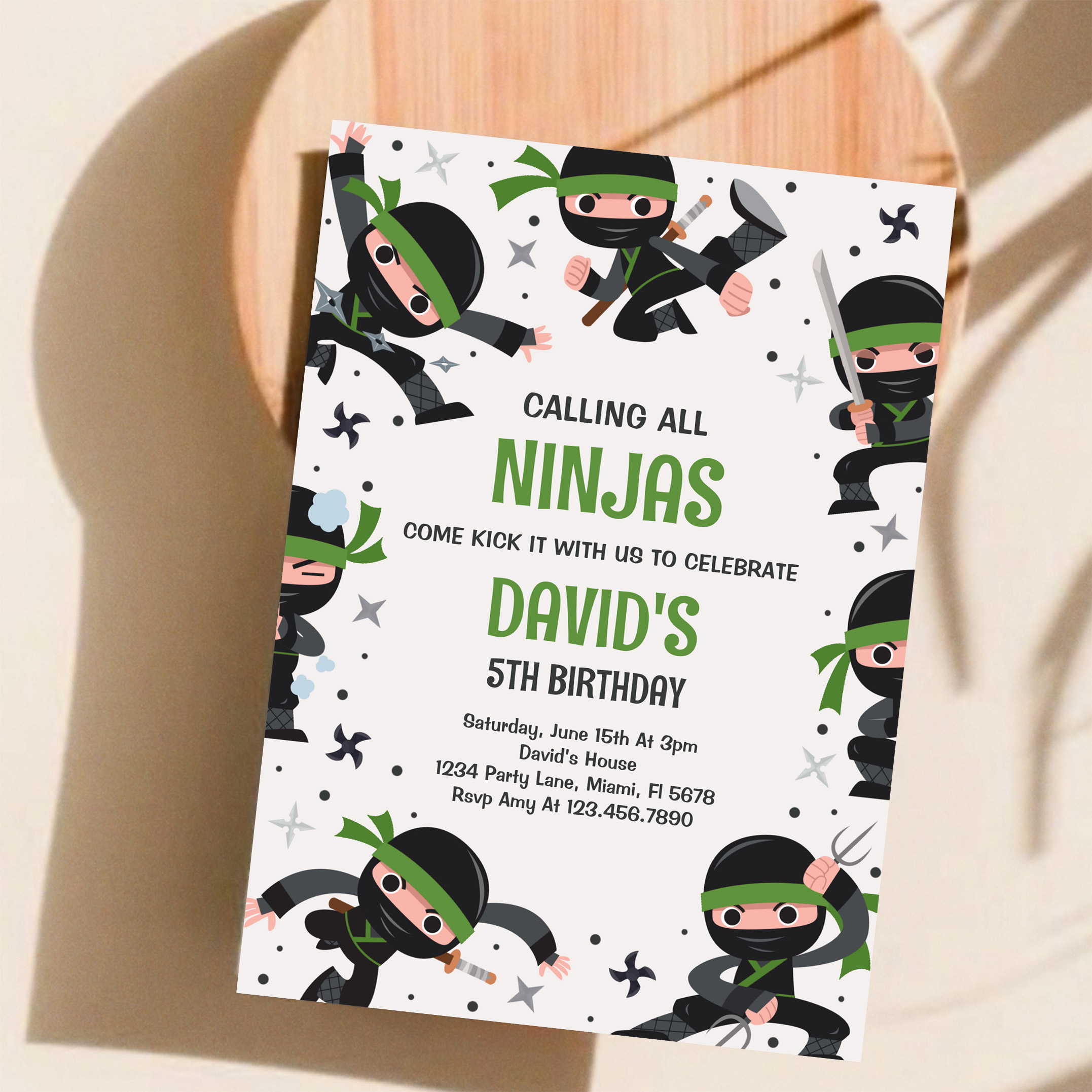 Boy Ninja Warrior Green Martial Art Birthday Party Invitation - Image 11