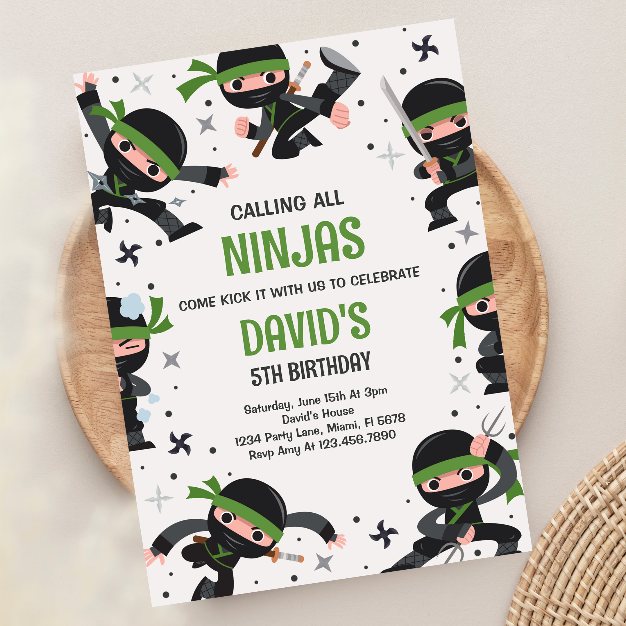 Boy Ninja Warrior Green Martial Art Birthday Party Invitation - Image 13