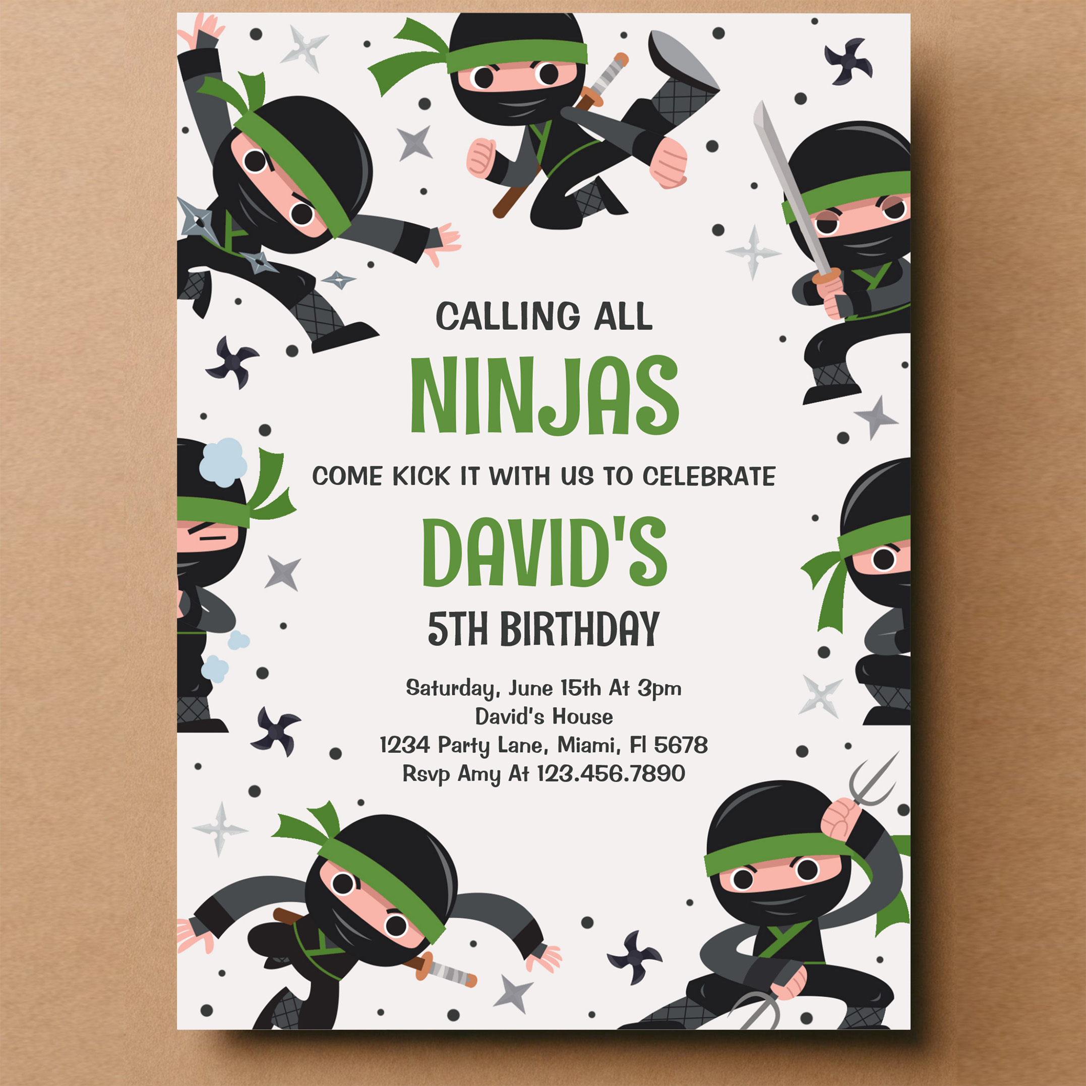 Boy Ninja Warrior Green Martial Art Birthday Party Invitation - Image 14