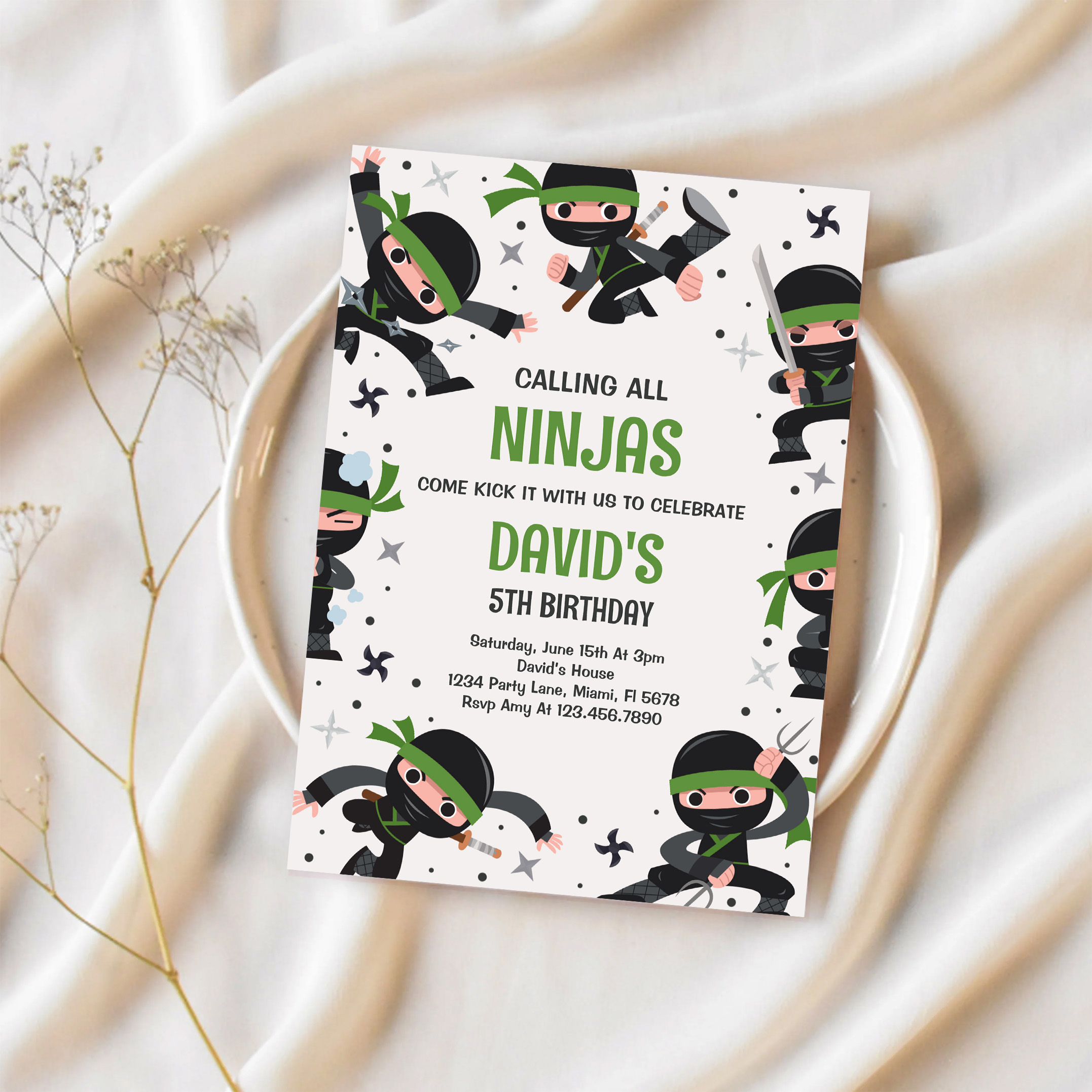 Boy Ninja Warrior Green Martial Art Birthday Party Invitation - Image 2