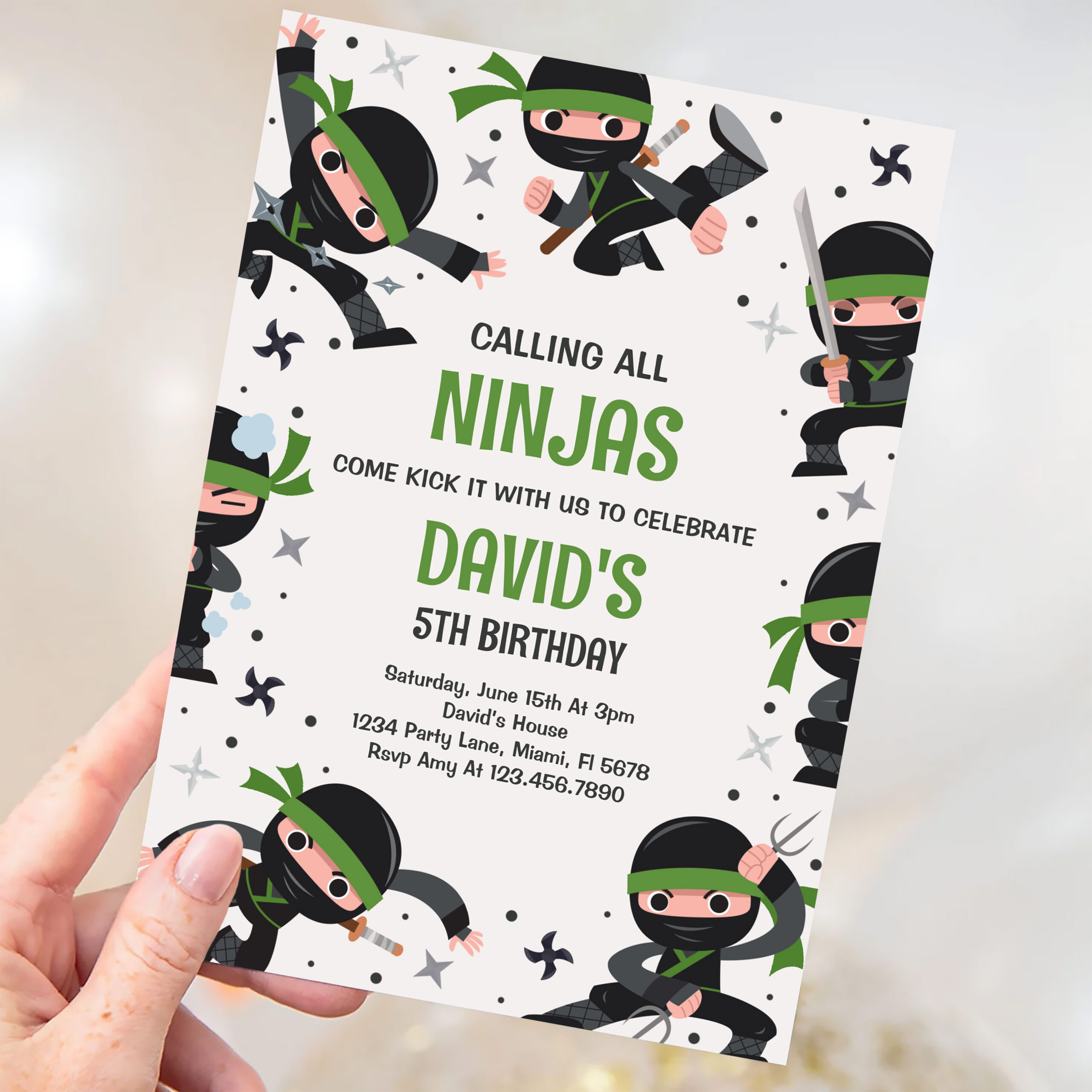 Boy Ninja Warrior Green Martial Art Birthday Party Invitation - Image 3