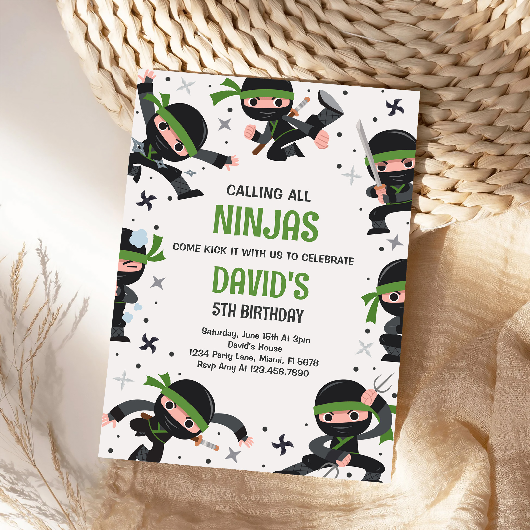 Boy Ninja Warrior Green Martial Art Birthday Party Invitation - Image 4