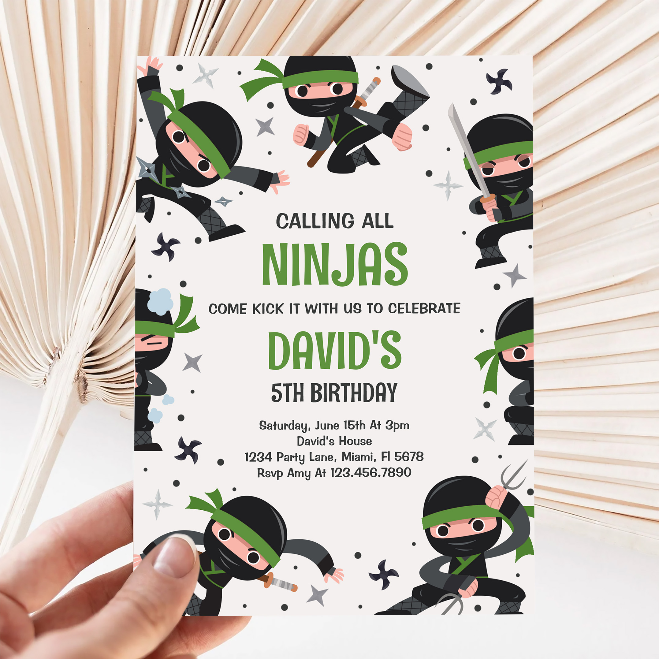 Boy Ninja Warrior Green Martial Art Birthday Party Invitation - Image 5