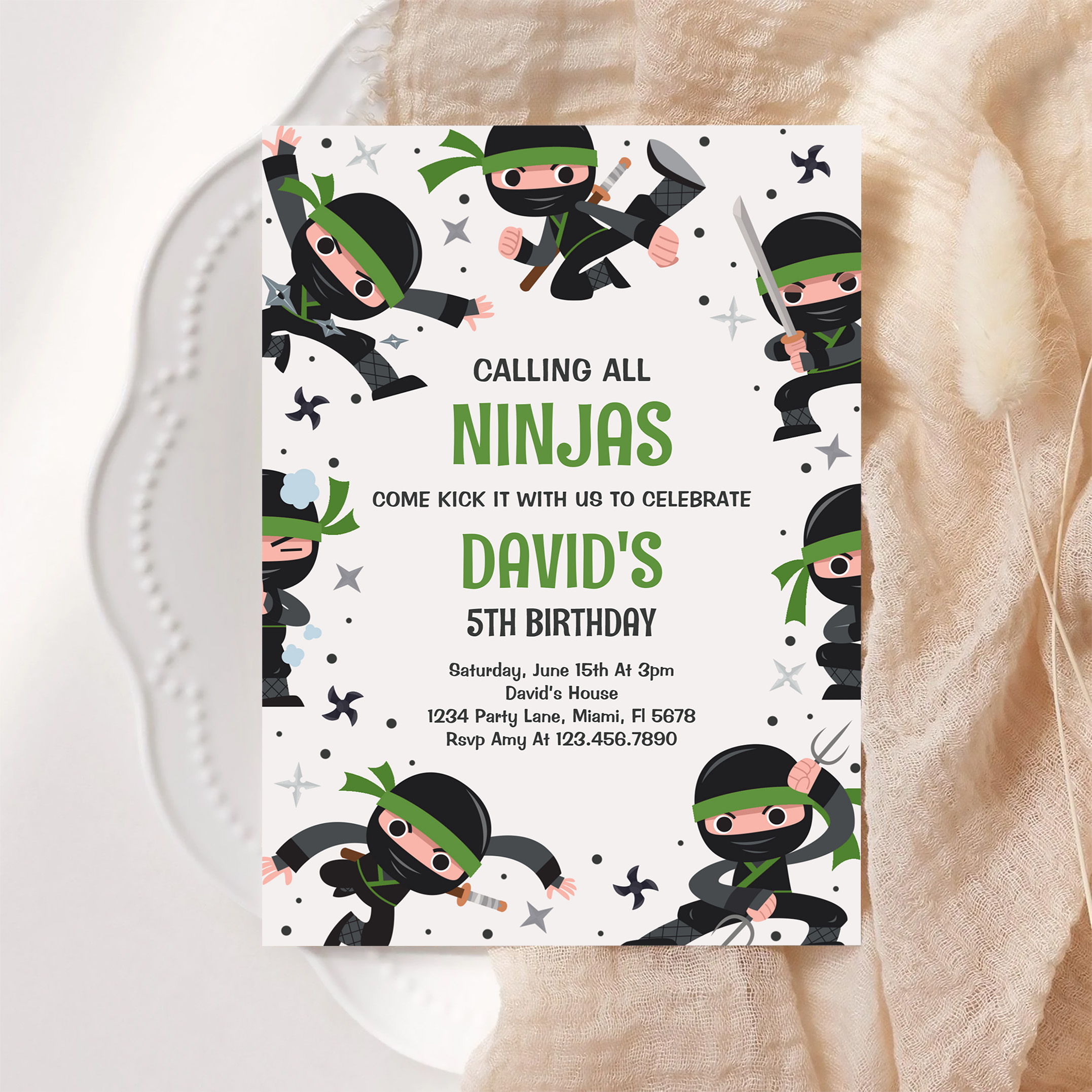 Boy Ninja Warrior Green Martial Art Birthday Party Invitation - Image 6