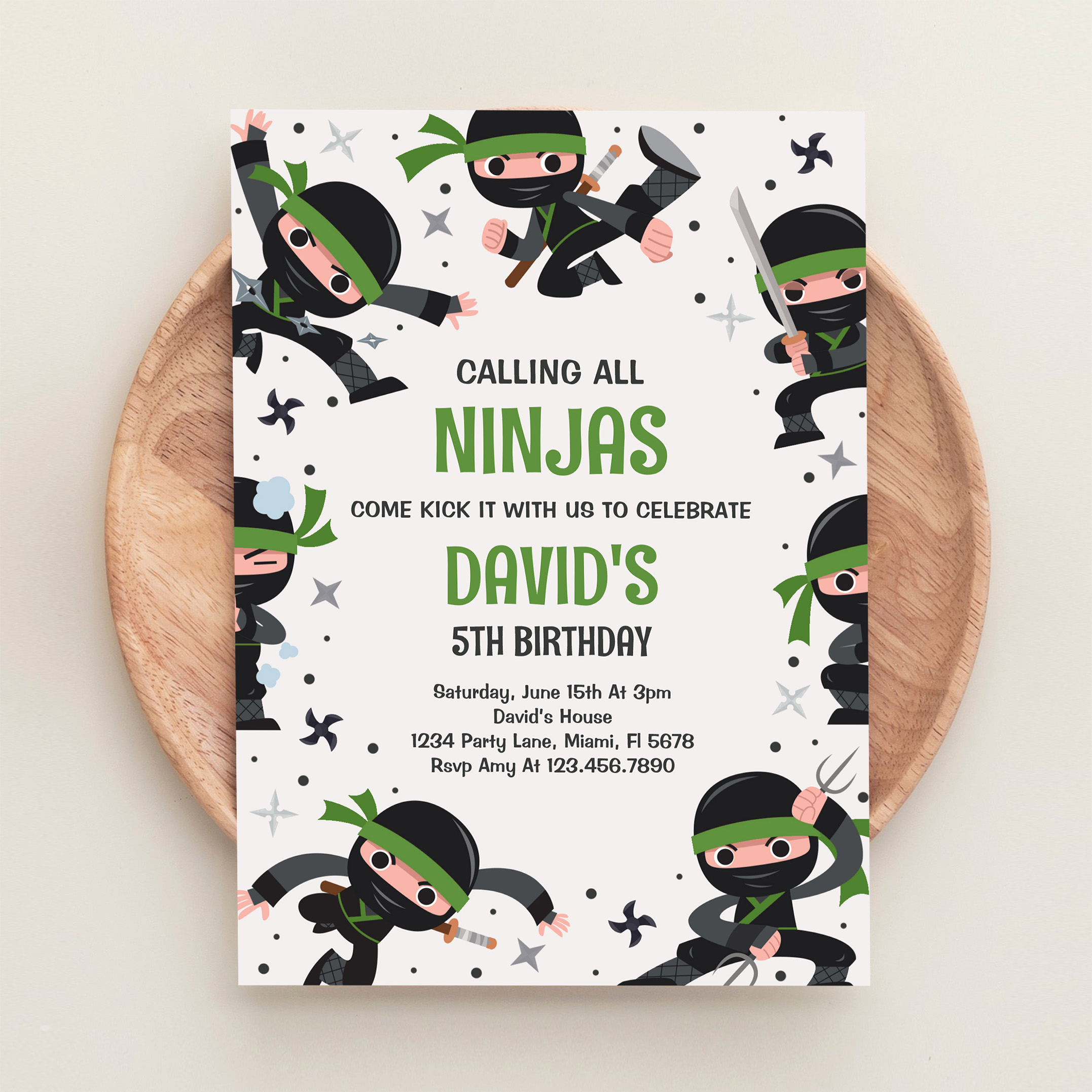 Boy Ninja Warrior Green Martial Art Birthday Party Invitation - Image 7