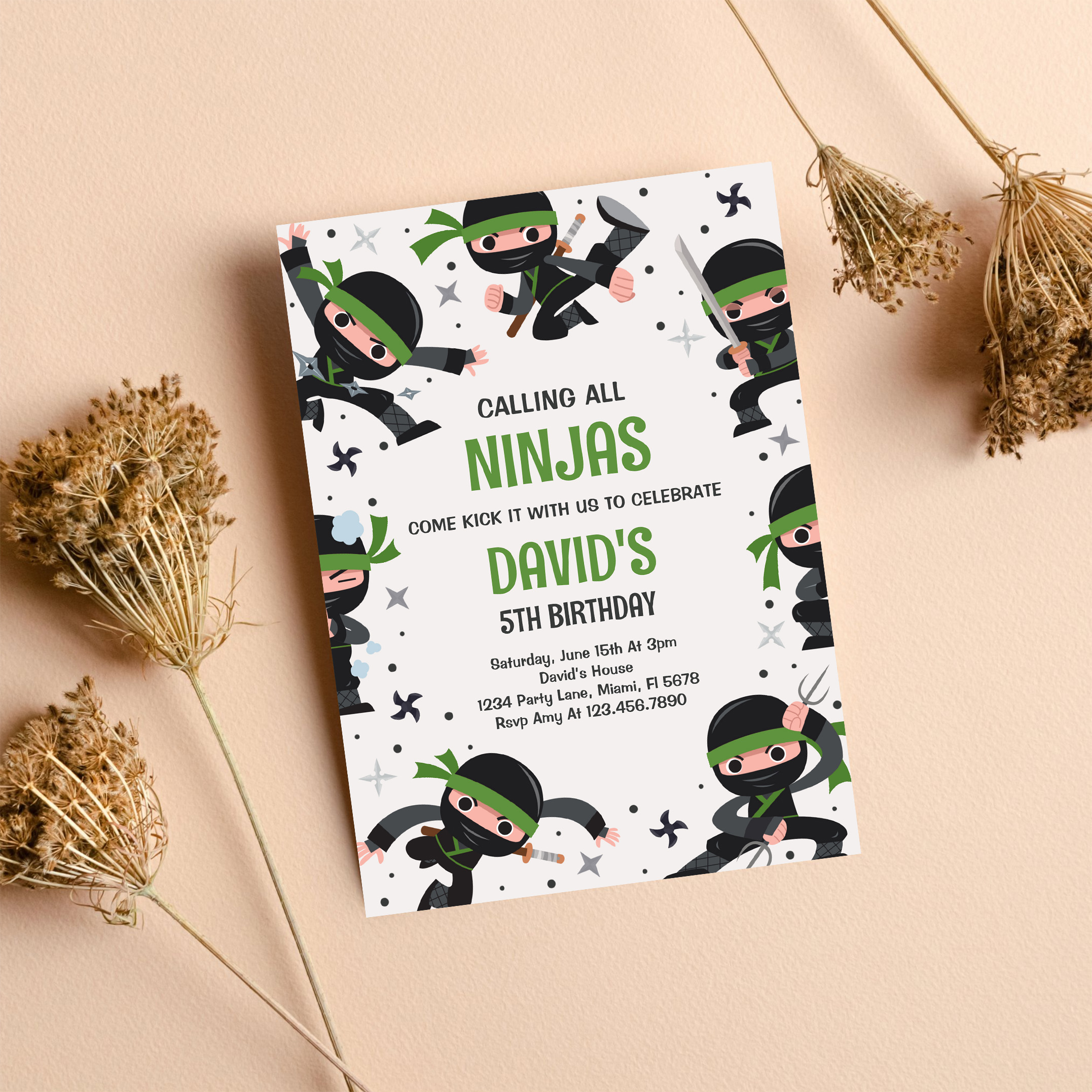 Boy Ninja Warrior Green Martial Art Birthday Party Invitation - Image 8