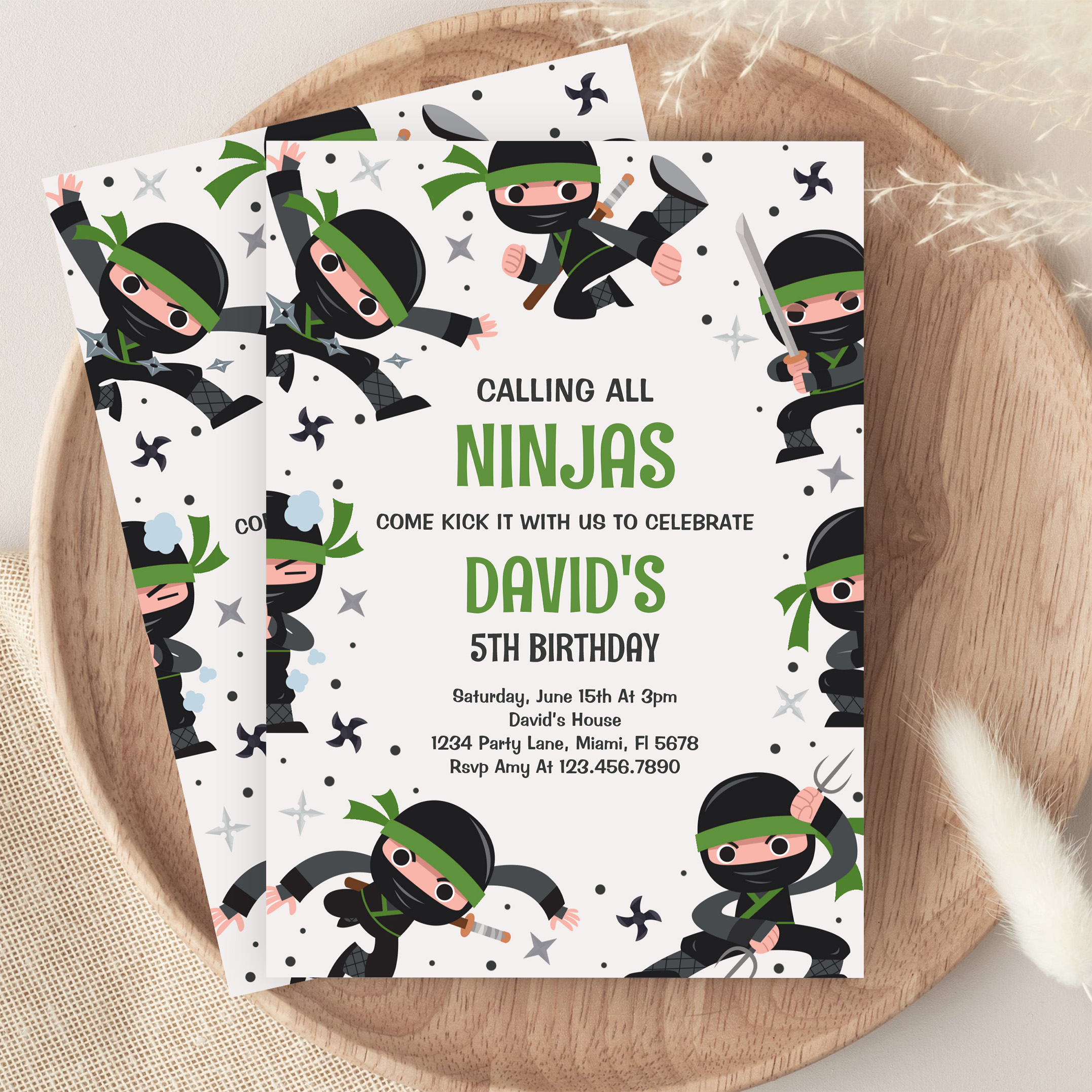 Boy Ninja Warrior Green Martial Art Birthday Party Invitation - Image 9