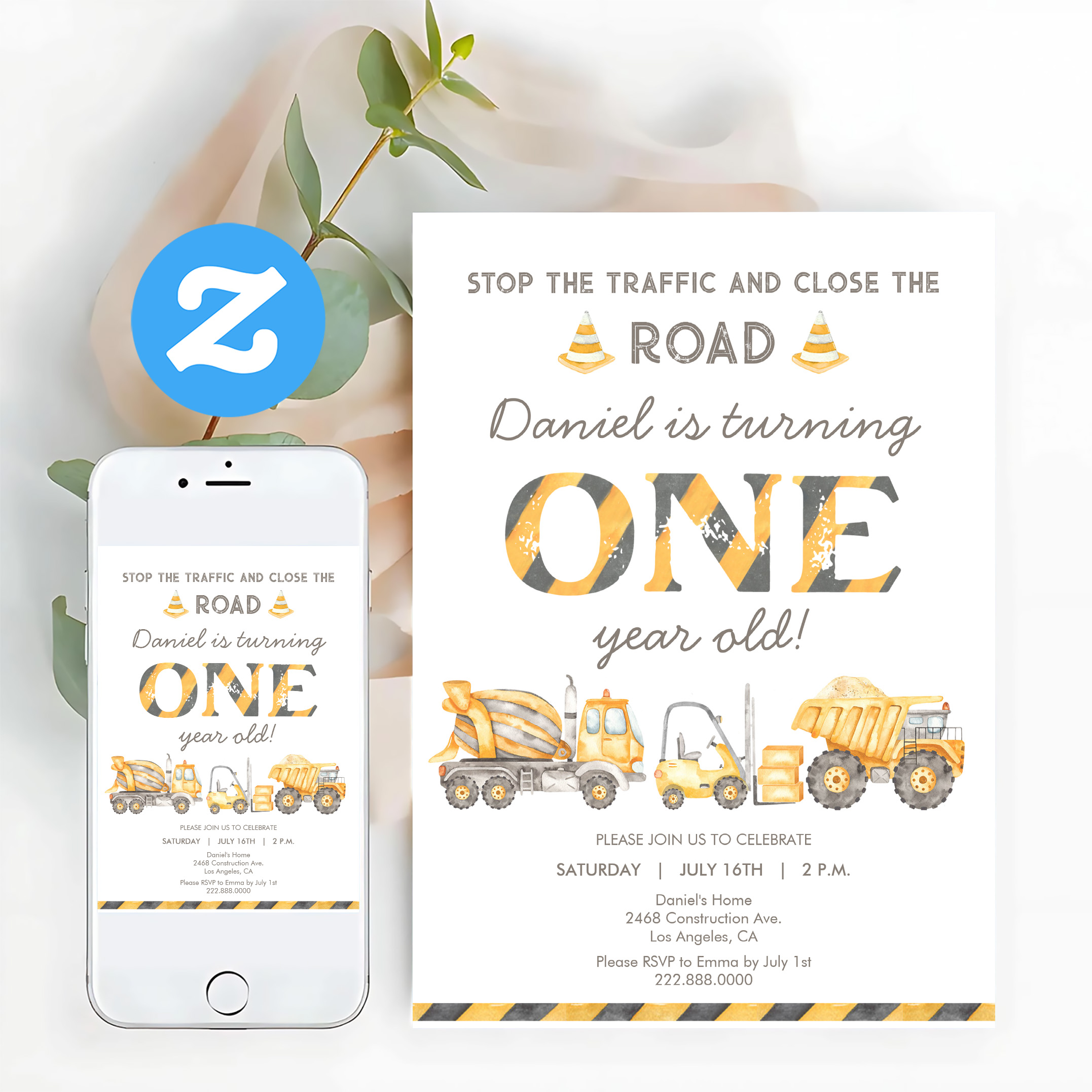 Construction Dump Truck 1st Boys First Birthday Invitation - Image 12