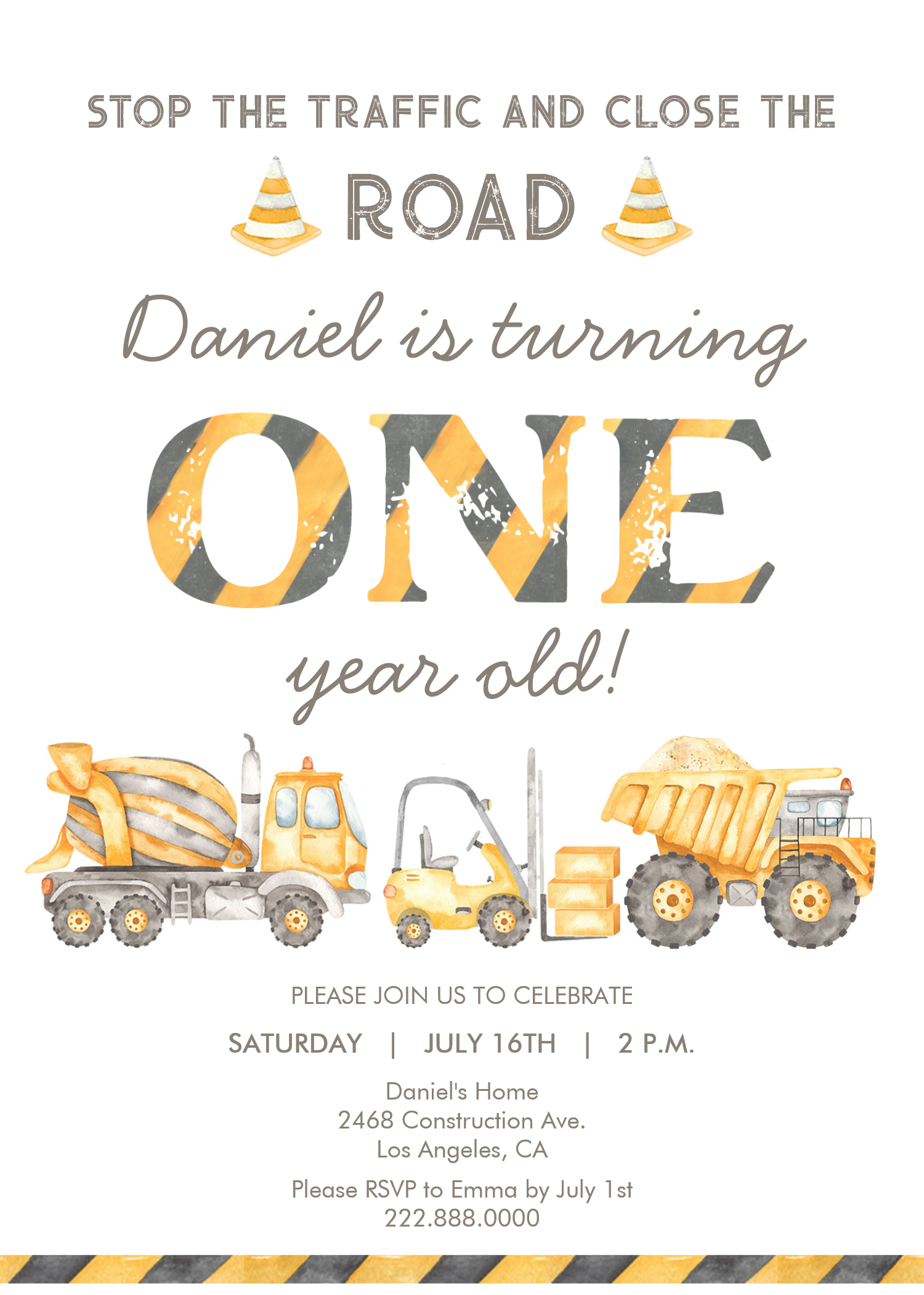 Construction Dump Truck 1st Boys First Birthday Invitation