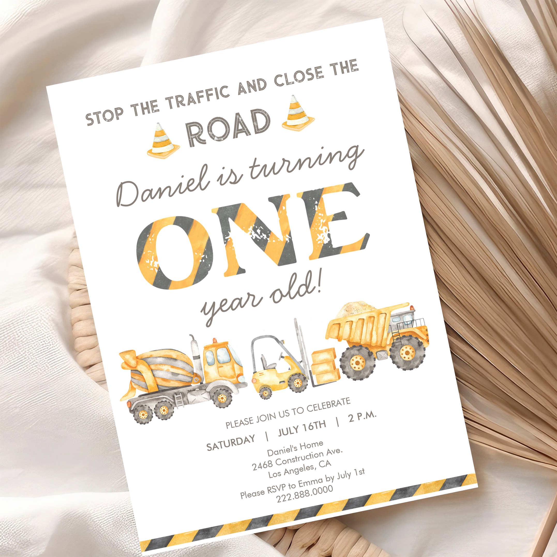 Construction Dump Truck 1st Boys First Birthday Invitation - Image 10