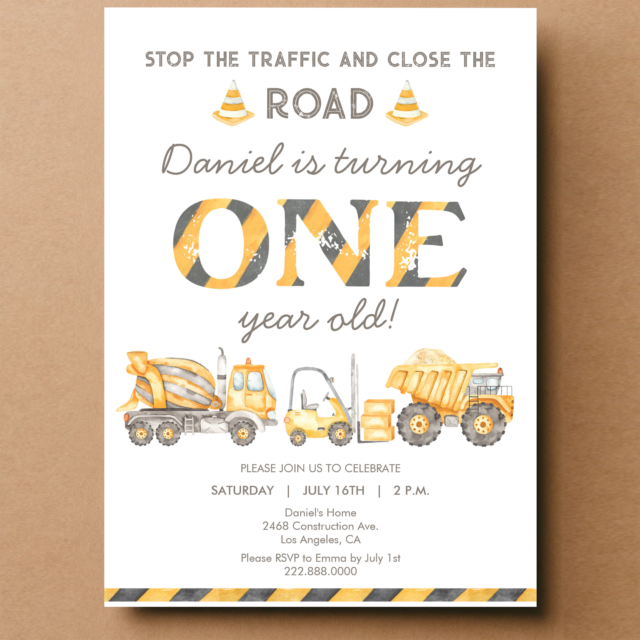 Construction Dump Truck 1st Boys First Birthday Invitation - Image 14