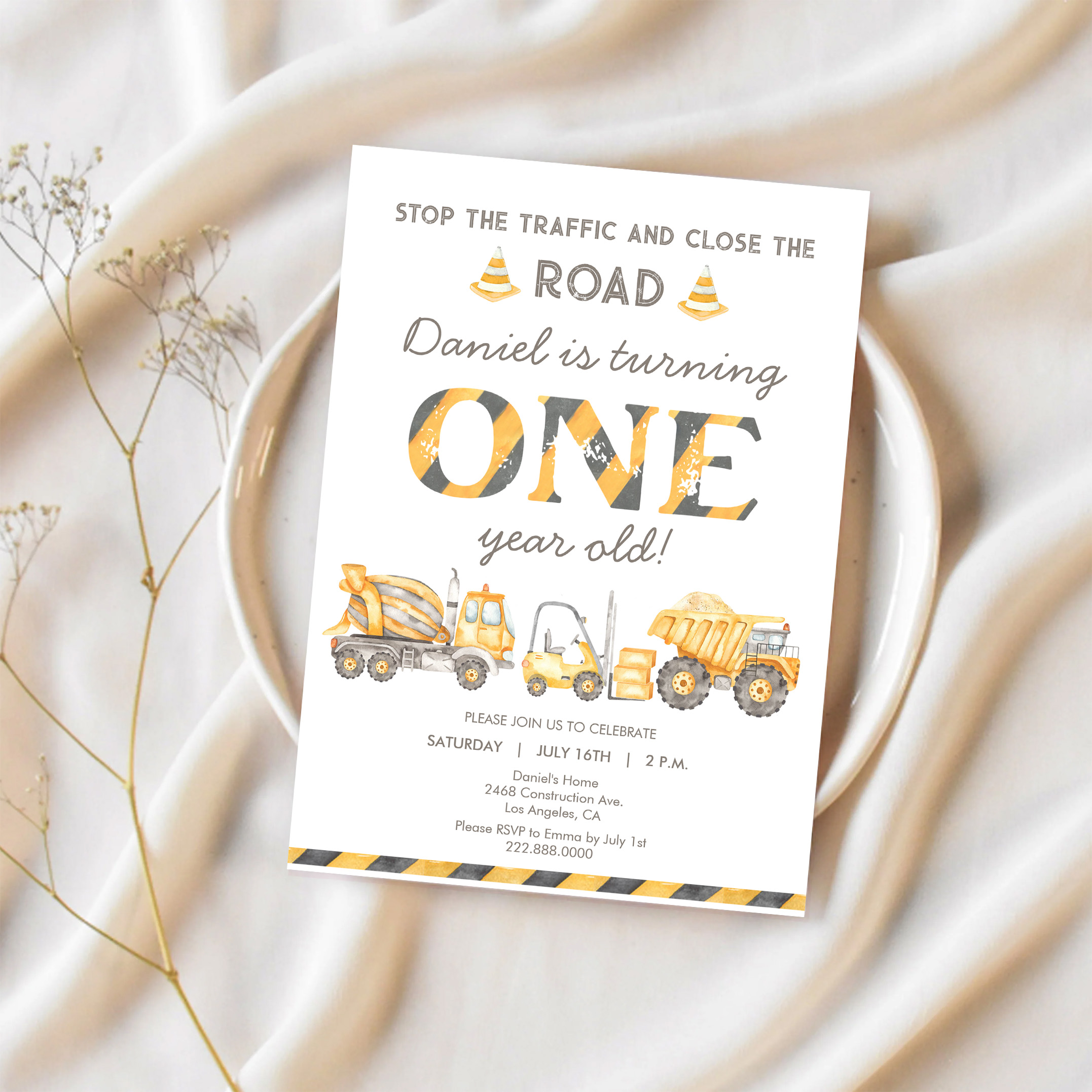 Construction Dump Truck 1st Boys First Birthday Invitation - Image 2
