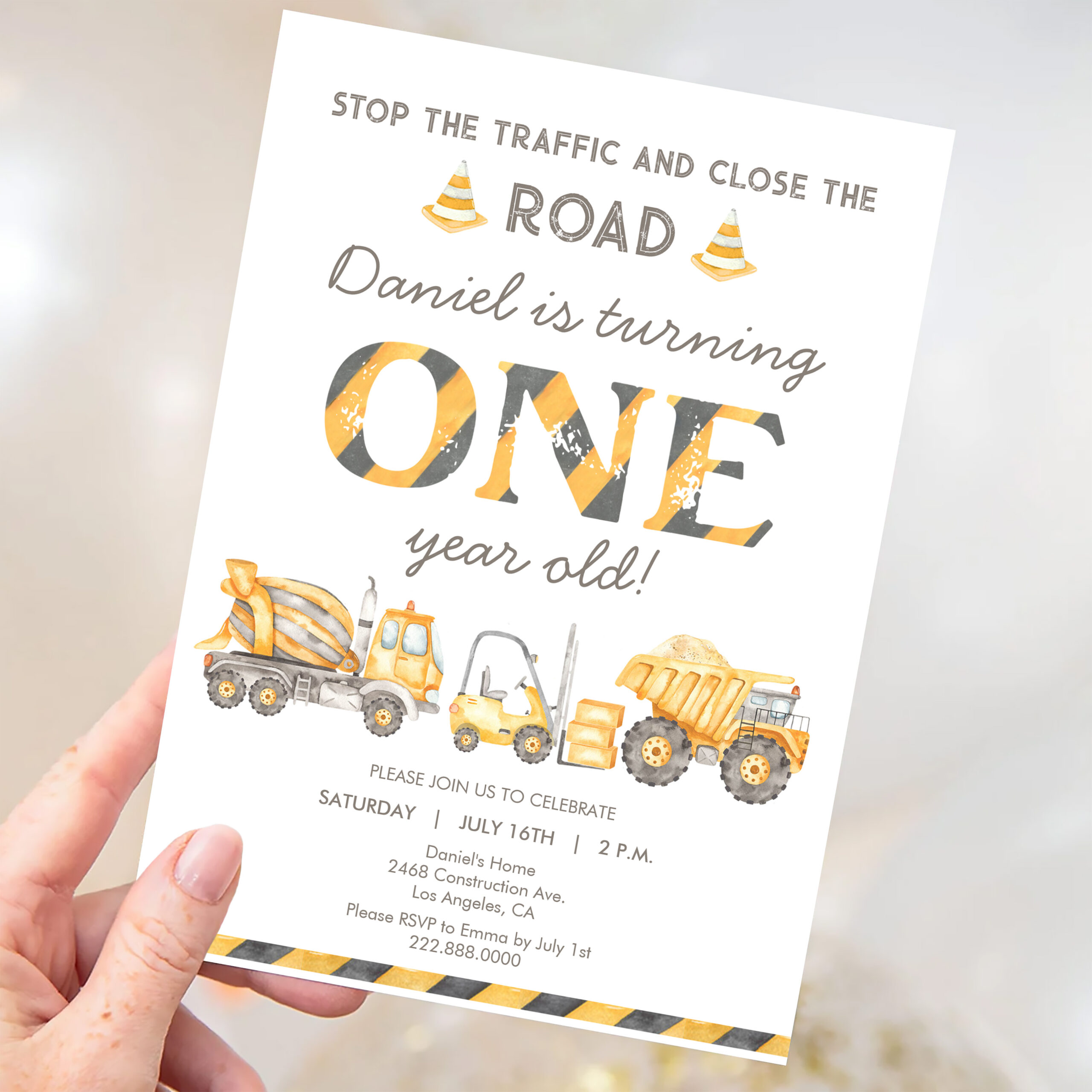 Construction Dump Truck 1st Boys First Birthday Invitation - Image 3