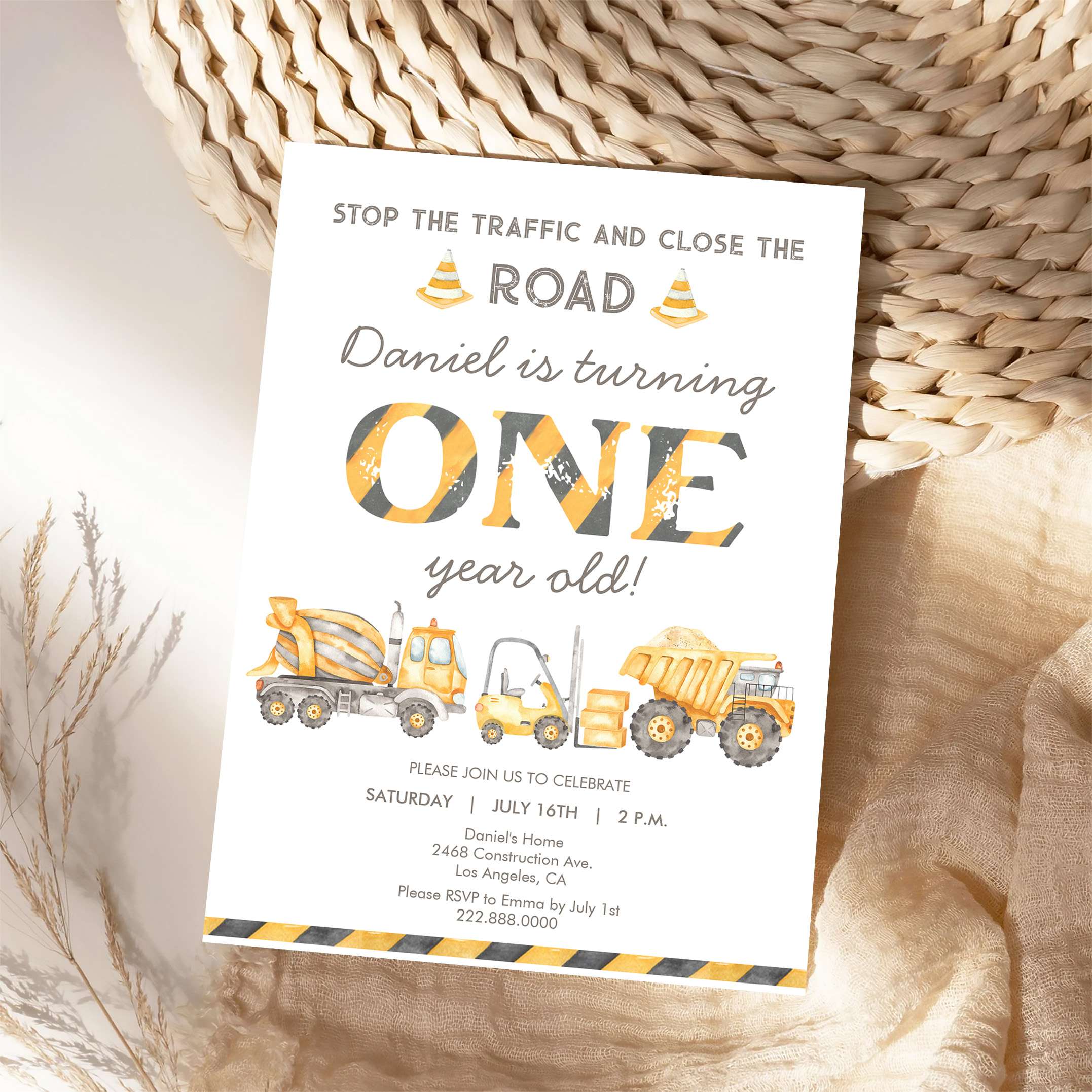 Construction Dump Truck 1st Boys First Birthday Invitation - Image 4