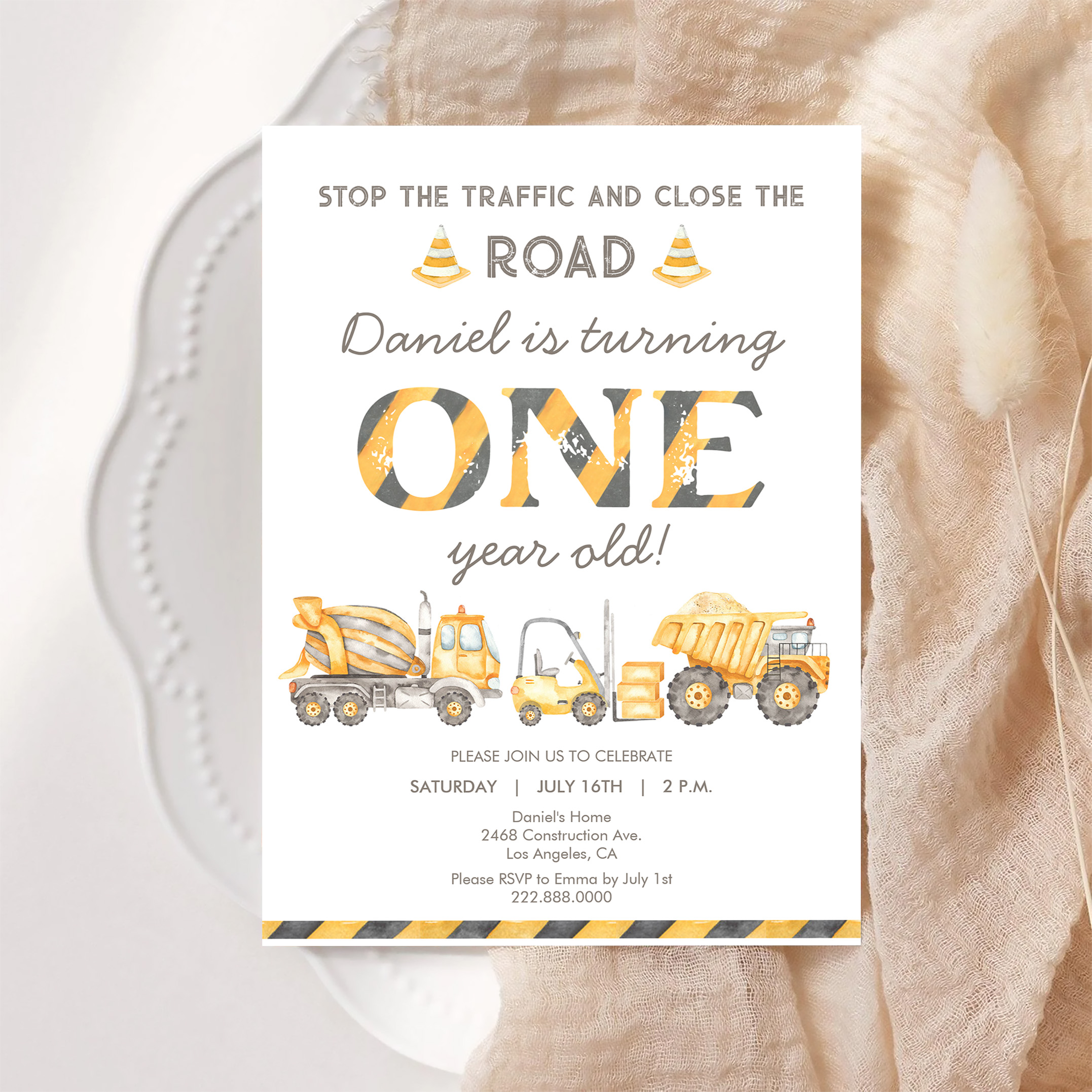 Construction Dump Truck 1st Boys First Birthday Invitation - Image 6