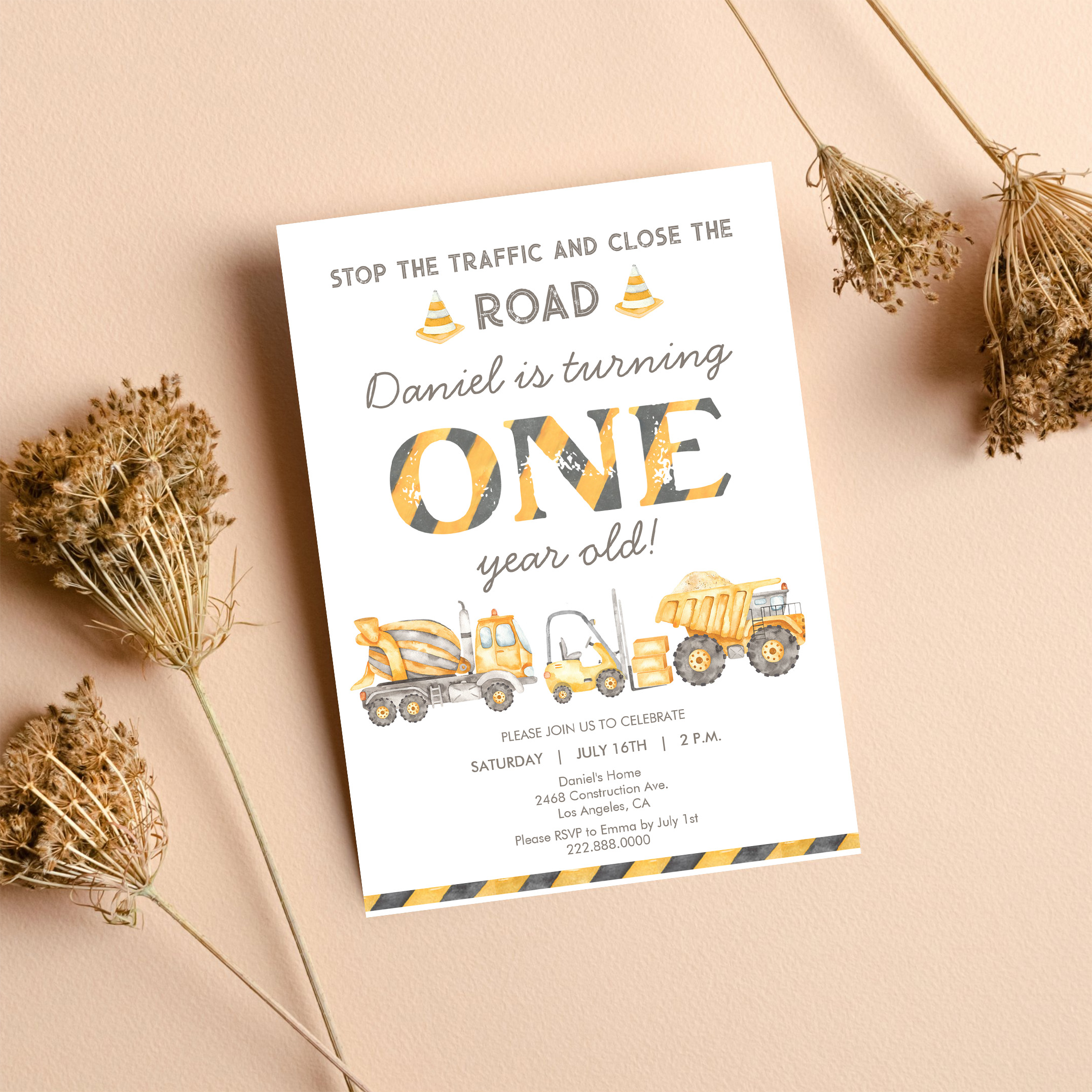 Construction Dump Truck 1st Boys First Birthday Invitation - Image 8