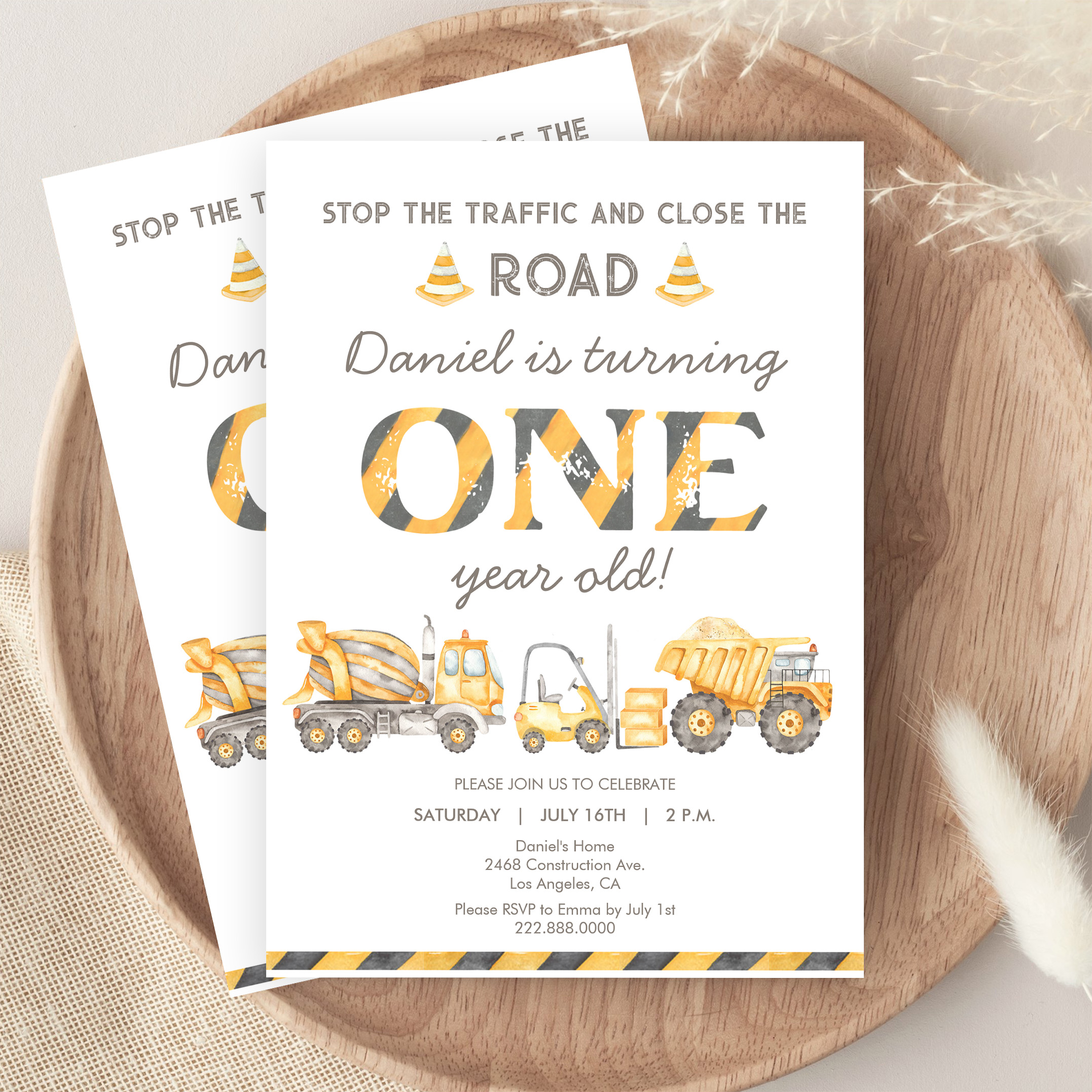 Construction Dump Truck 1st Boys First Birthday Invitation - Image 9