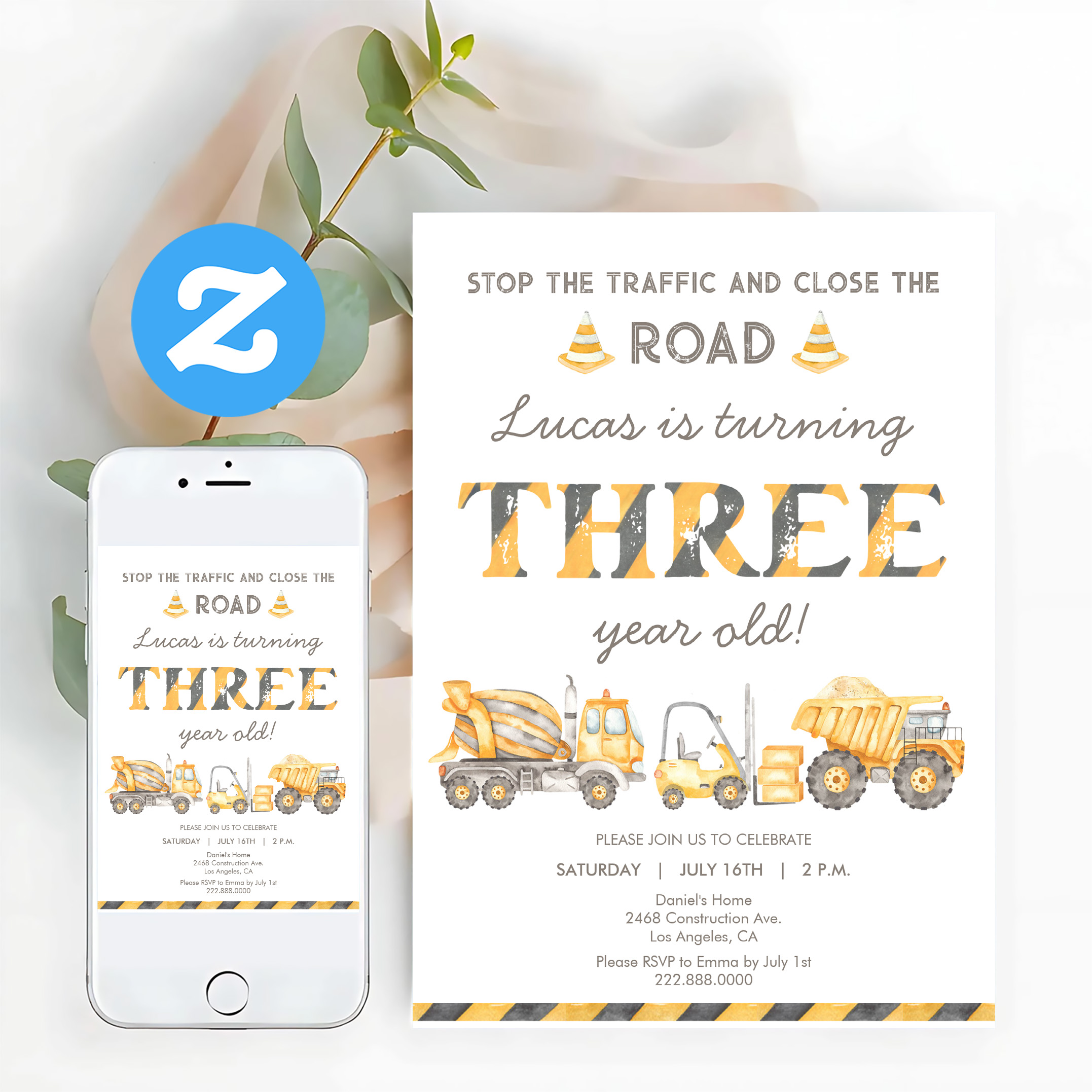 Construction Dump Truck 3rd Boys First Birthday Invitation - Image 12